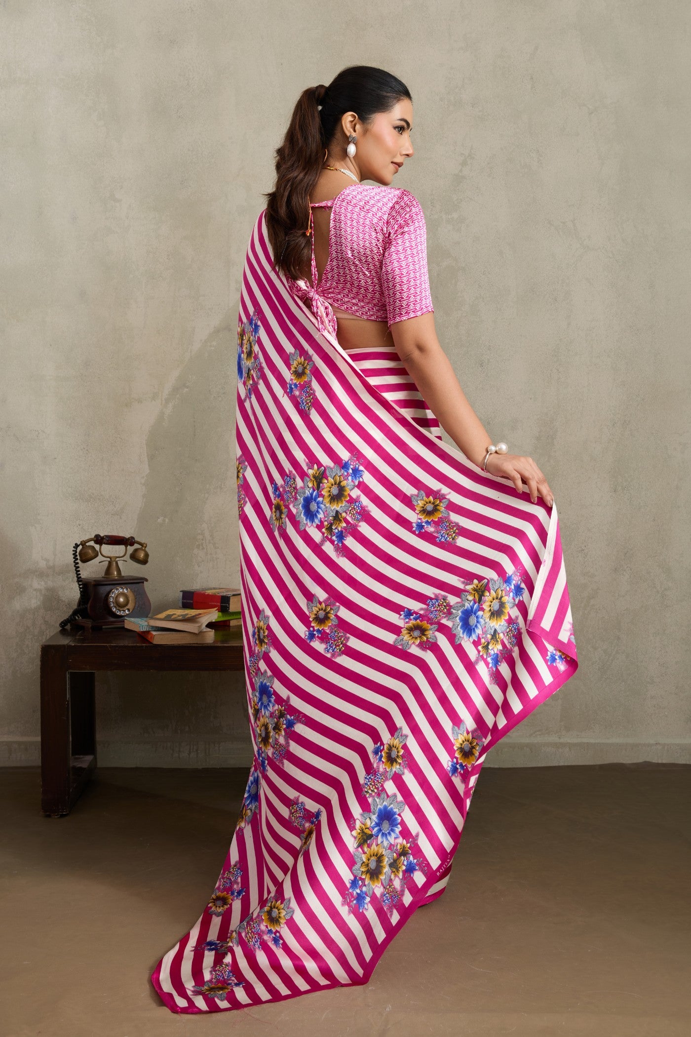 Buy MySilkLove Neon Pink Ajrakh Printed Satin Crepe Silk Saree Online