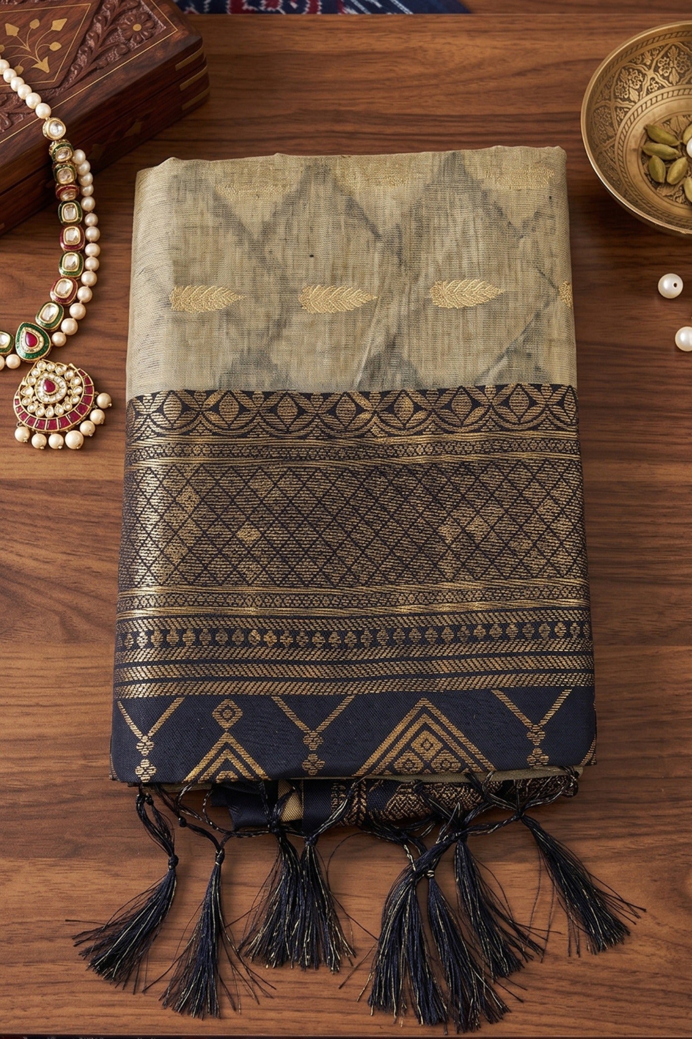 Buy MySilkLove Dust Cream and Black Woven Banarasi Cotton Saree Online