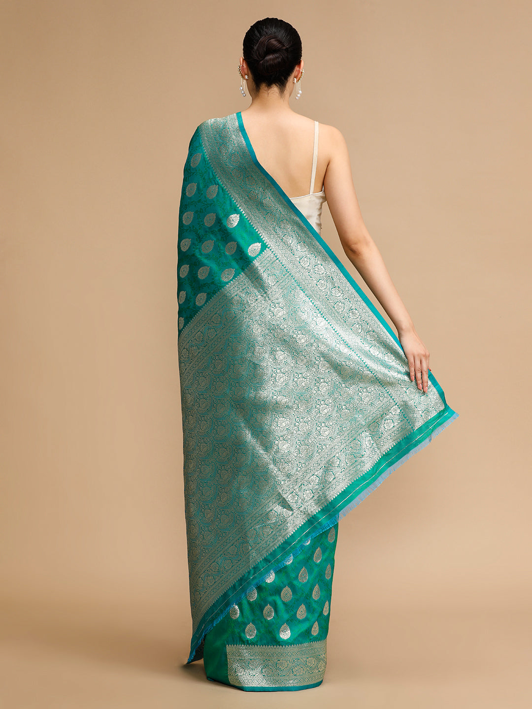Buy MySilkLove Teal Green Woven Jacquard Lichi Silk Saree Online