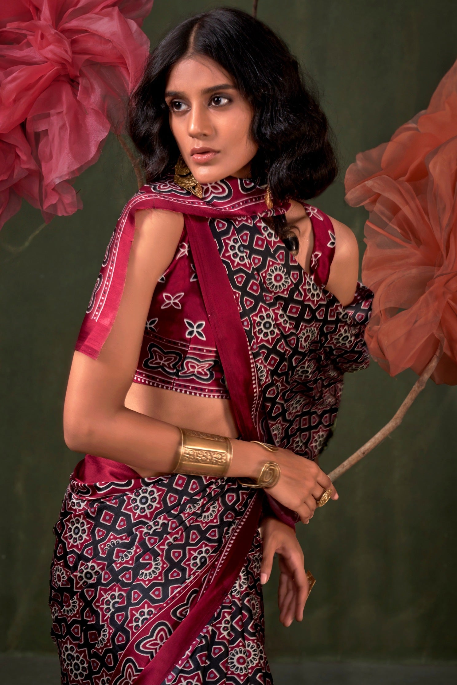 Buy MySilkLove Raisin Purple Ajrakh Printed Satin Crepe Silk Saree Online