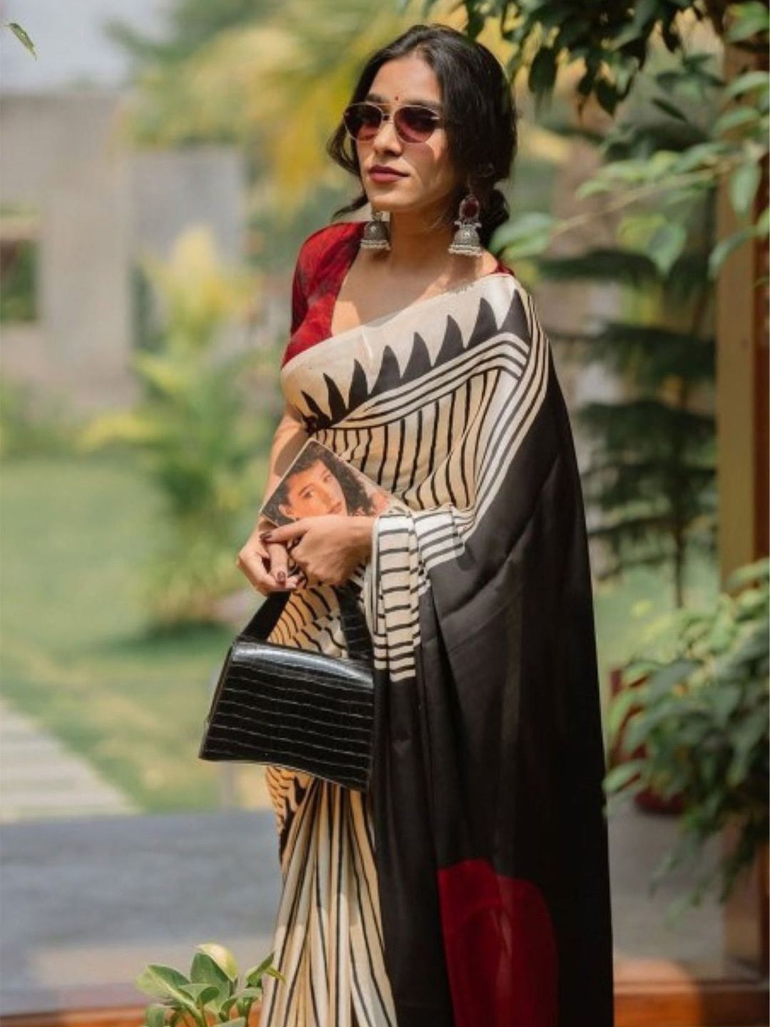 Buy MySilkLove Pearl White and Black Ajrakh Printed Satin Crepe Silk Saree Online