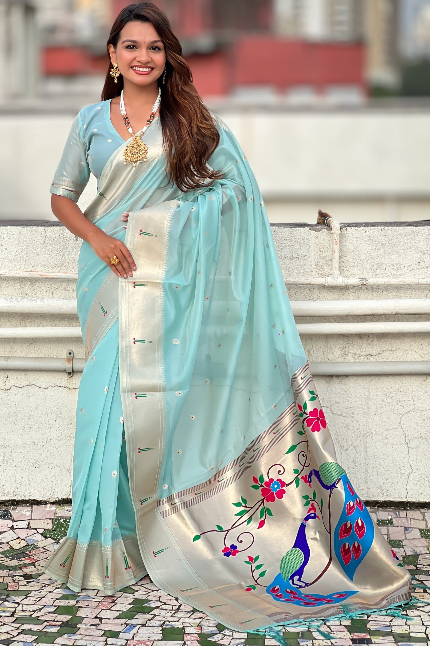 Buy MySilkLove Ice Blue Organza Woven Paithani Saree Online
