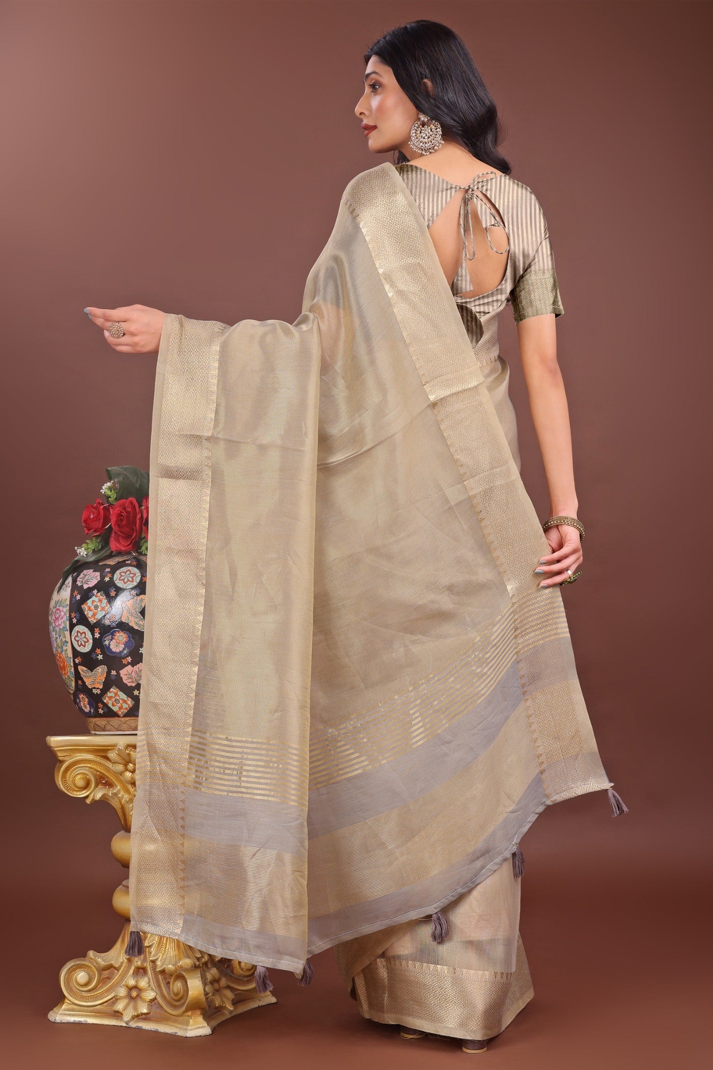 Buy MySilkLove Lace Cream Woven Organza Saree Online