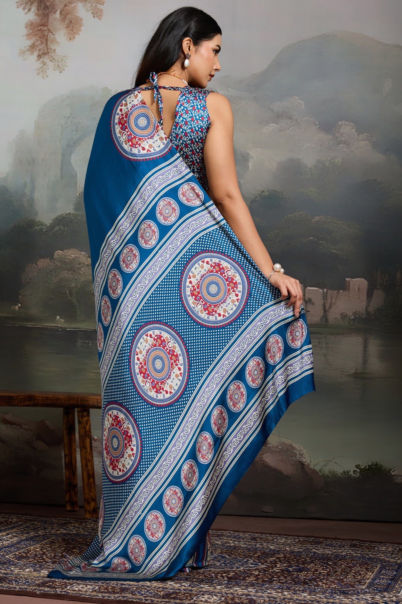 Buy MySilkLove French Blue Modal Ajrakh Printed Silk Saree Online