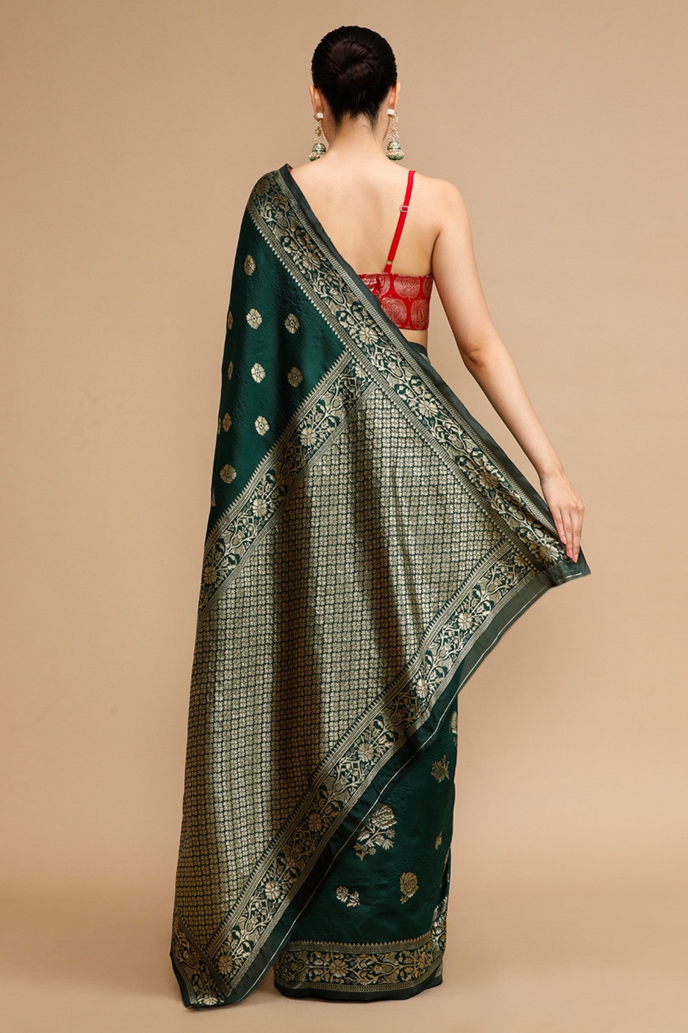 Buy MySilkLove Bottle Green Woven Jacquard Lichi Silk Saree Online