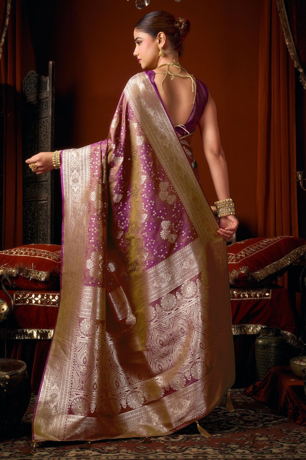Buy MySilkLove Lipstick Purple Woven Banarasi Jacquard Soft Silk Saree Online