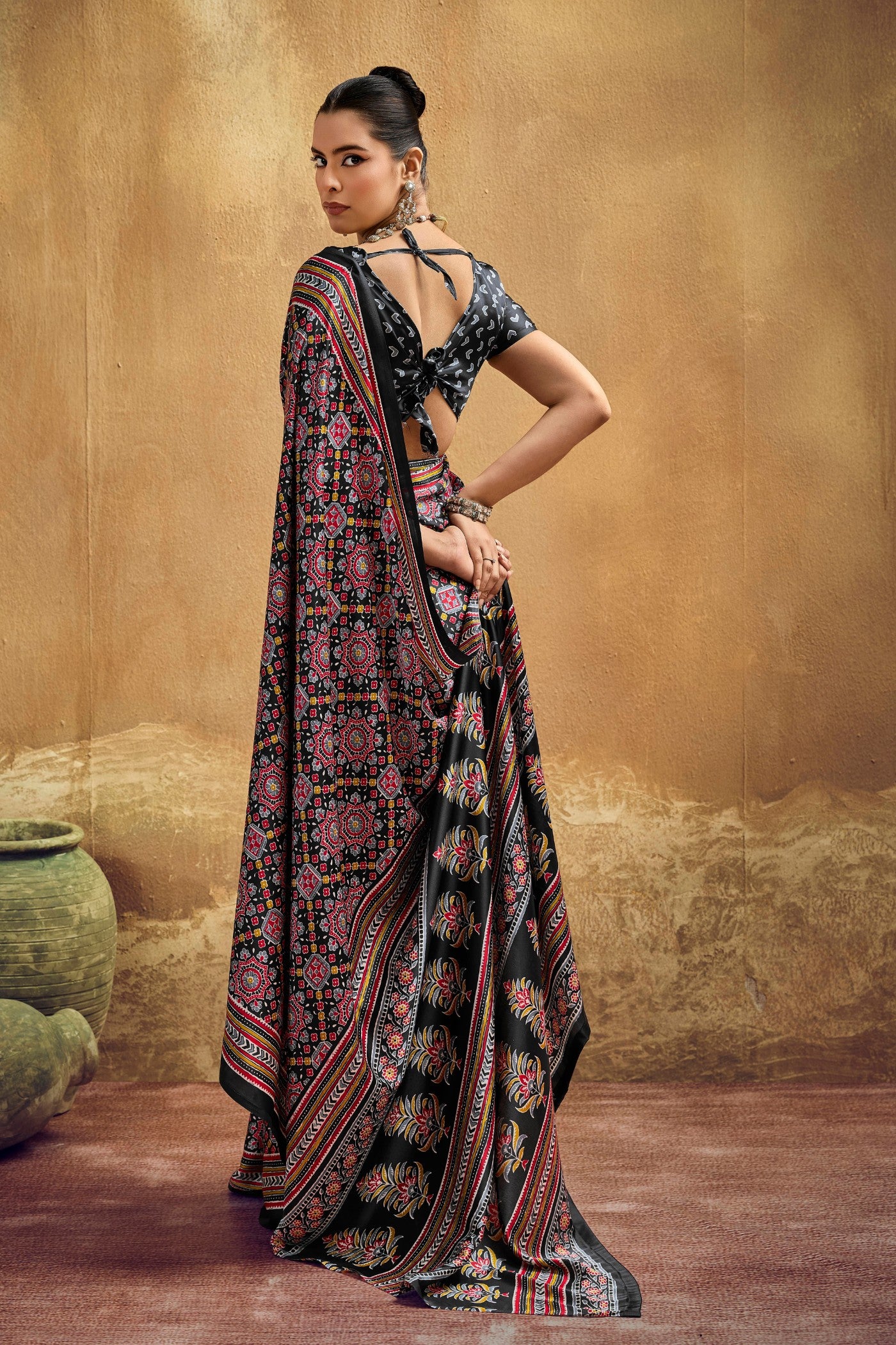 Buy MySilkLove Mysterious Black Modal Ajrakh Satin Printed Silk Saree Online