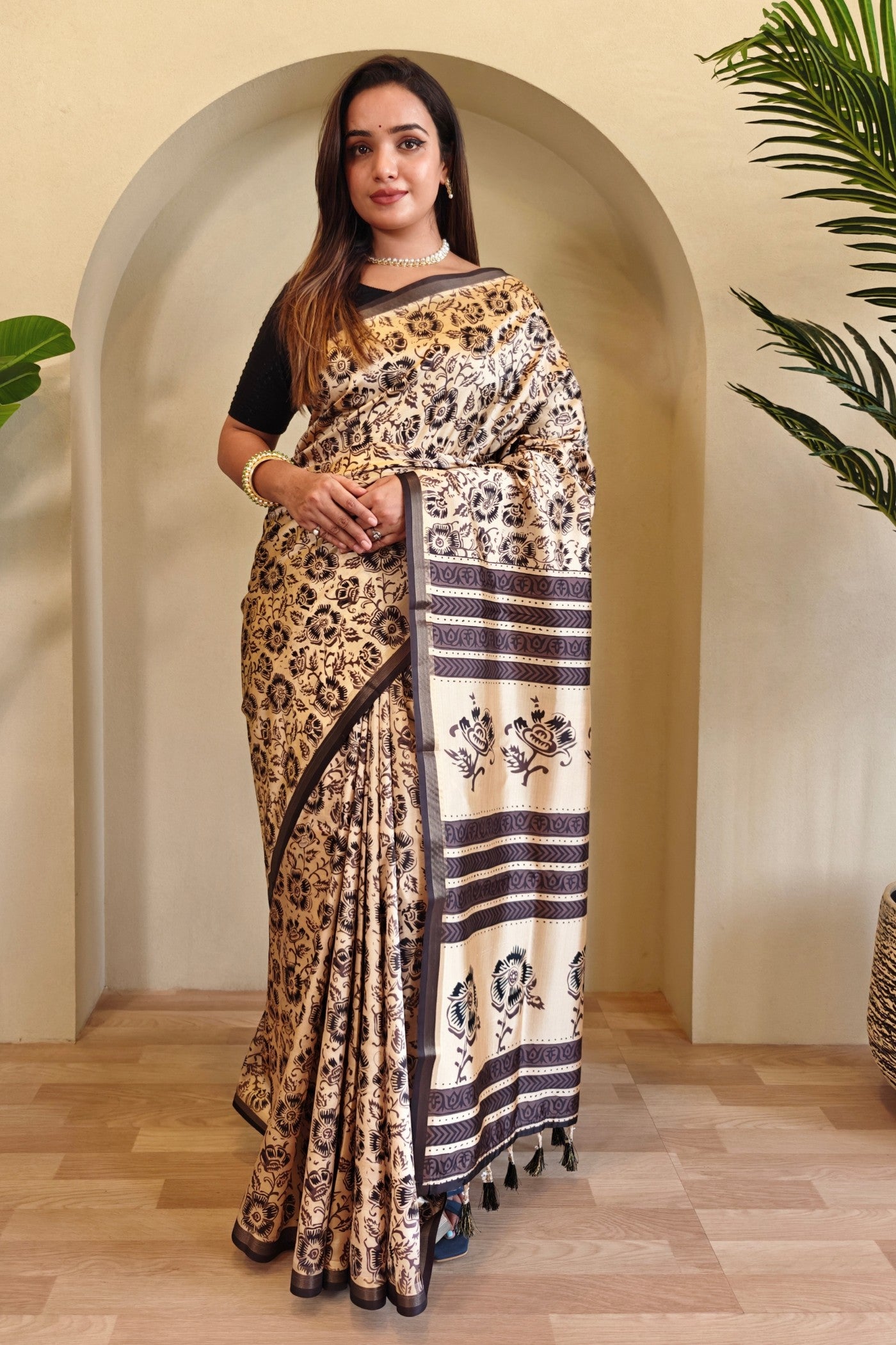 Buy MySilkLove Sherwin Cream and Brown Digital Printed Saree Online