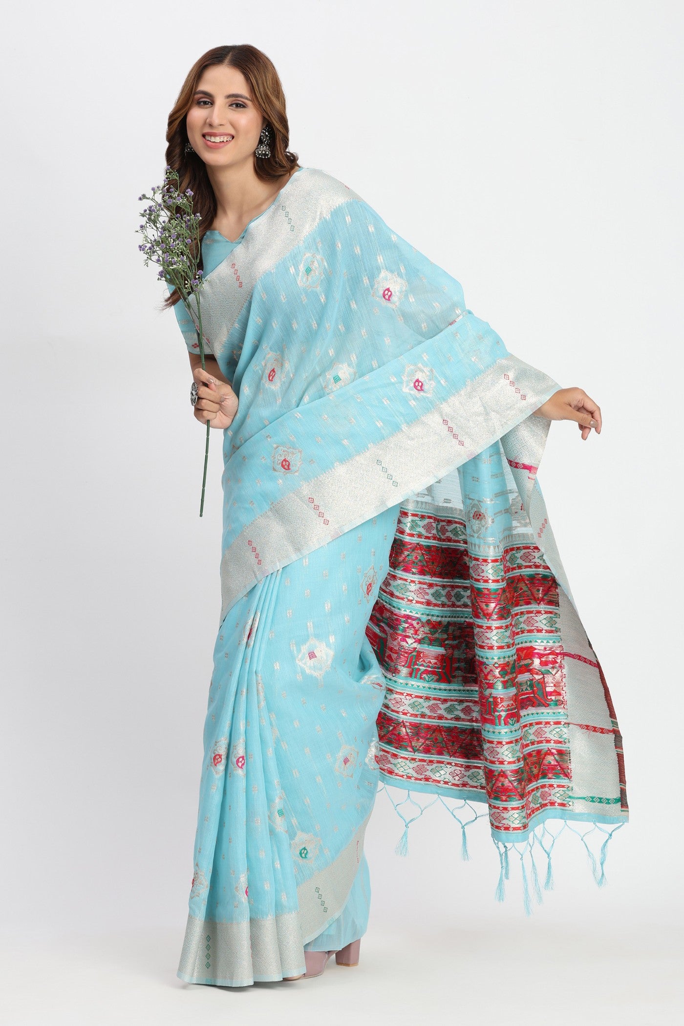 Buy MySilkLove Sky Blue Woven Linen Cotton Saree Online