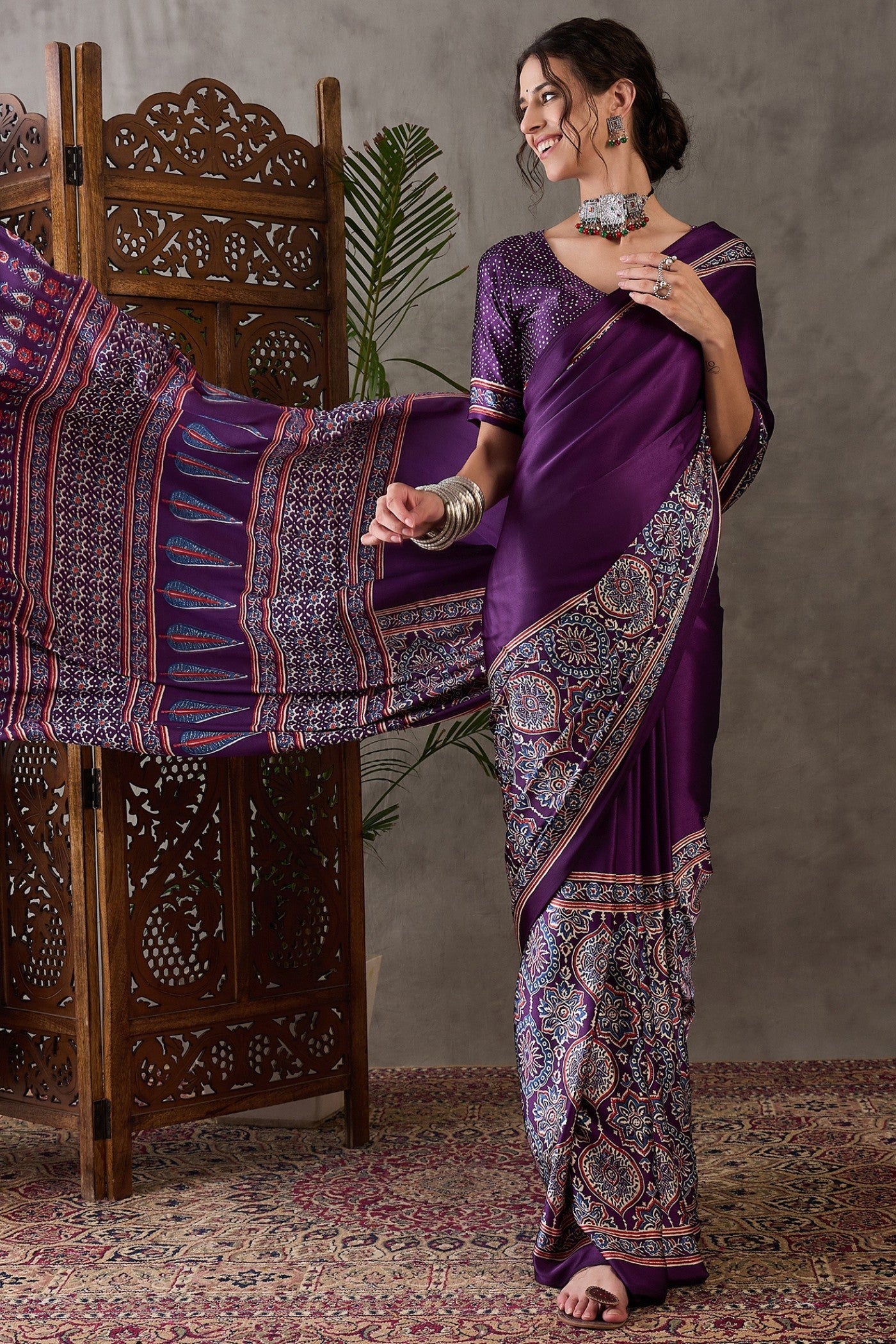 Buy MySilkLove Brinjal Purple Printed Satin Gaji Silk Saree Online