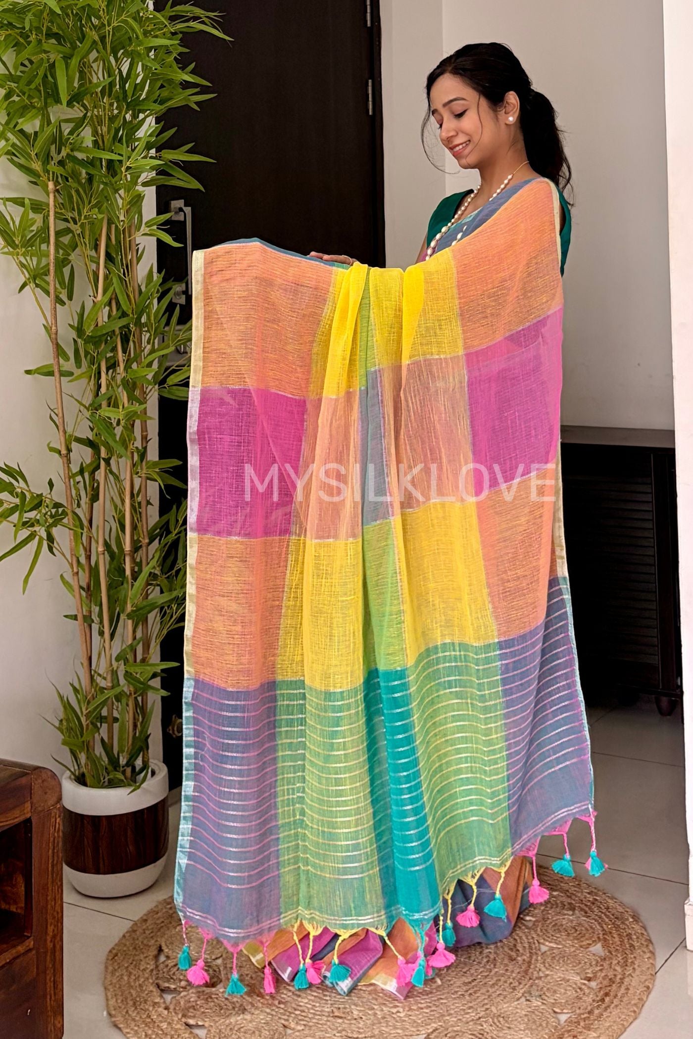 Buy MySilkLove Multicolor Yellow Checks Pattern Pure Linen Cotton Saree Online