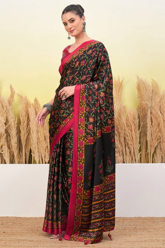 Buy MySilkLove Black Eel Modal Satin Printed Silk Saree Online