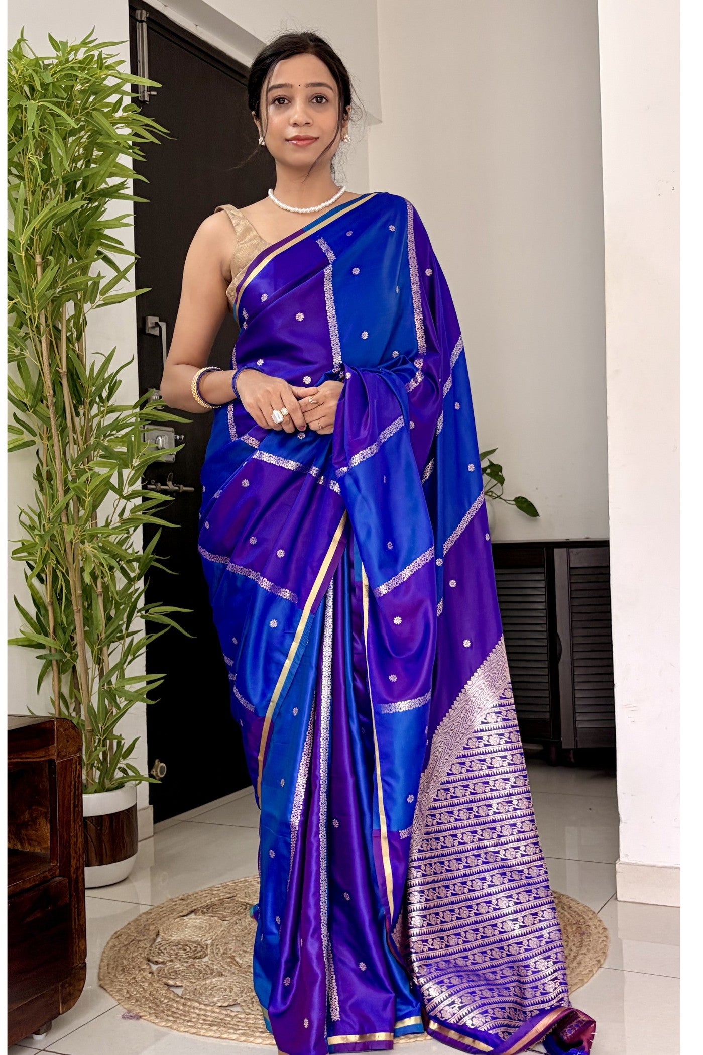 Buy MySilkLove Dark Blue Handloom Rangkat Banarasi Satin Silk Saree Online
