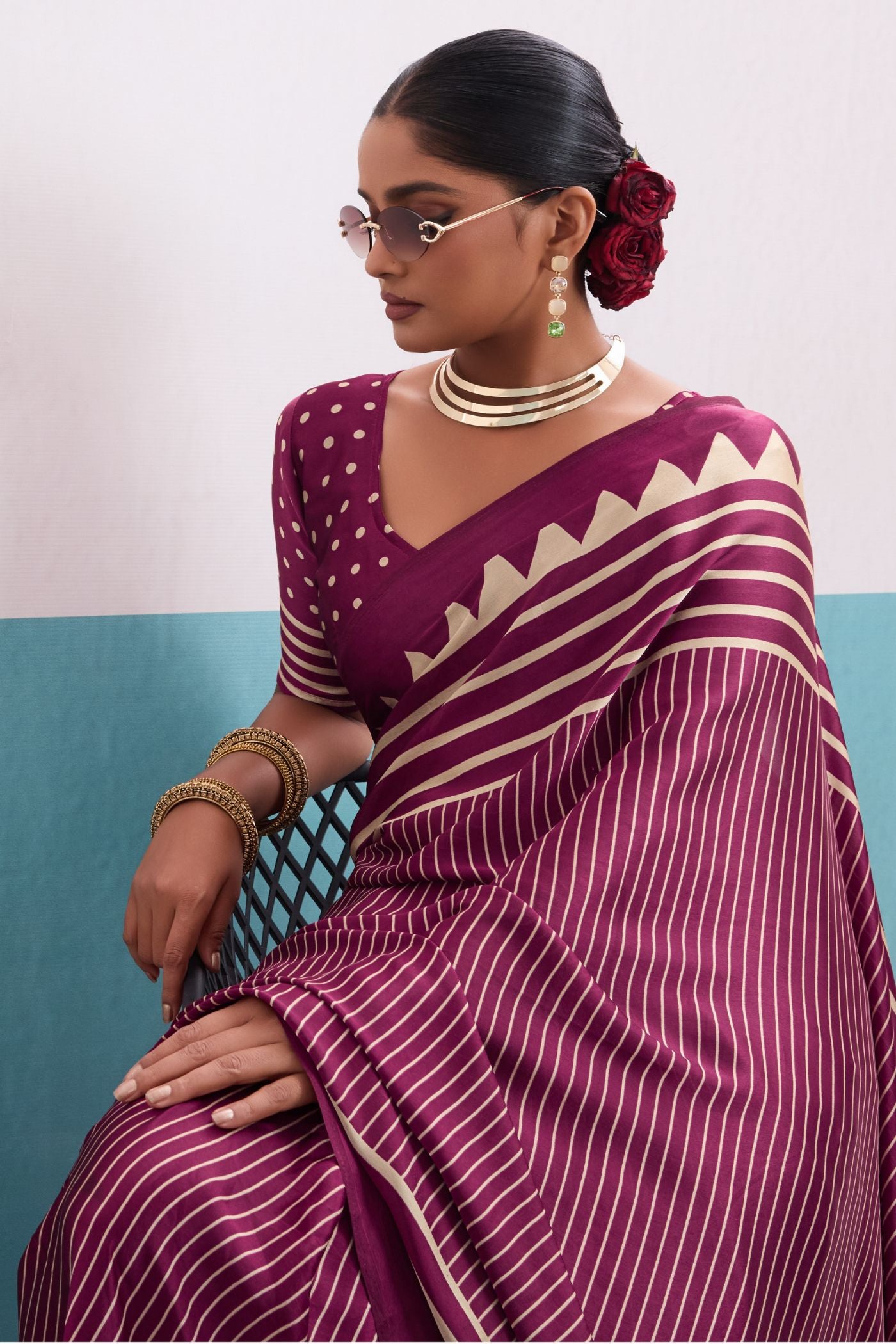 Buy MySilkLove Mulberry Purple Stripe Ajrakh Printed Satin Crepe Silk Saree Online