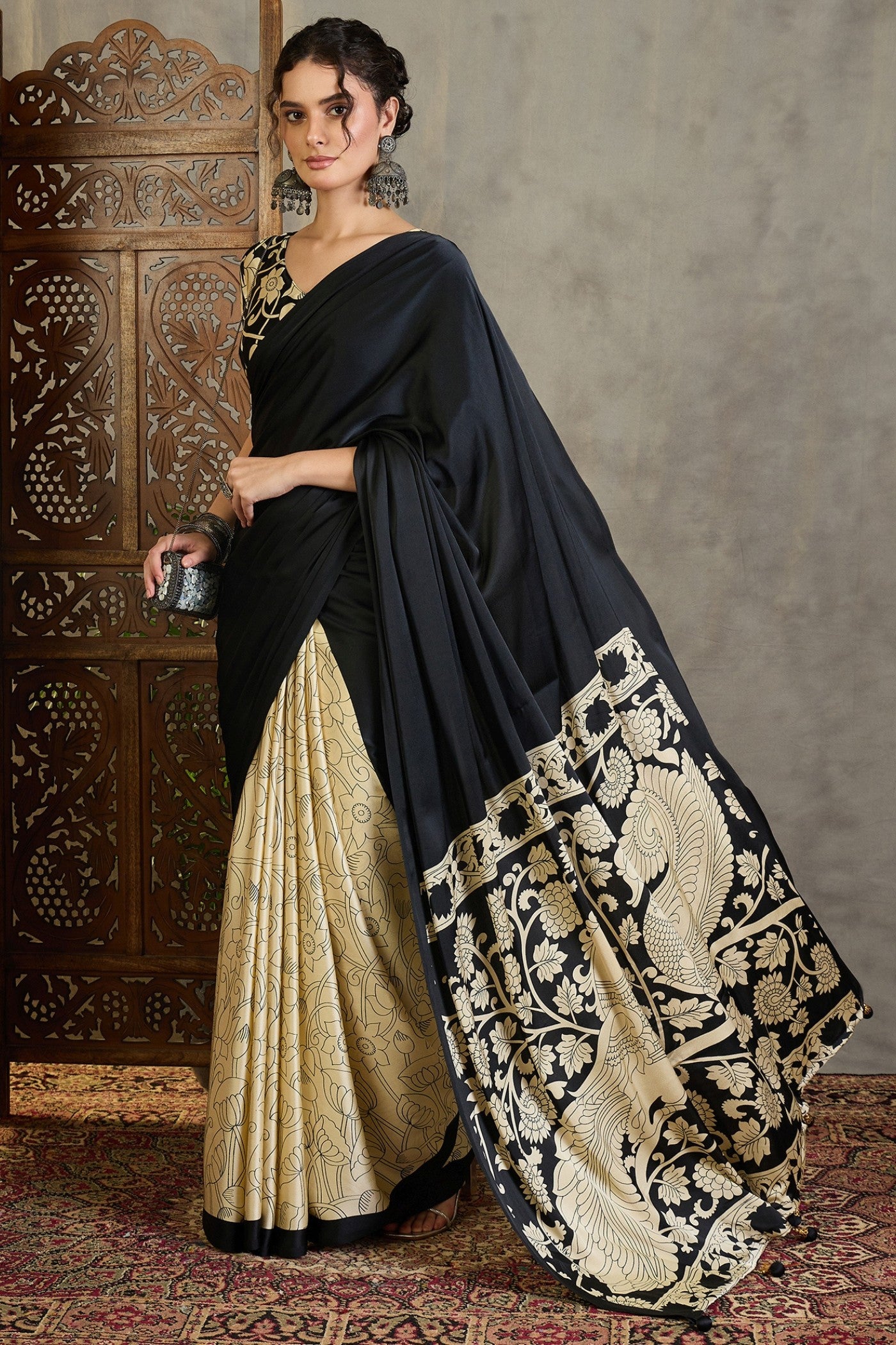 Buy MySilkLove Crow Black and Cream Kalamkari Printed Satin Silk Saree Online