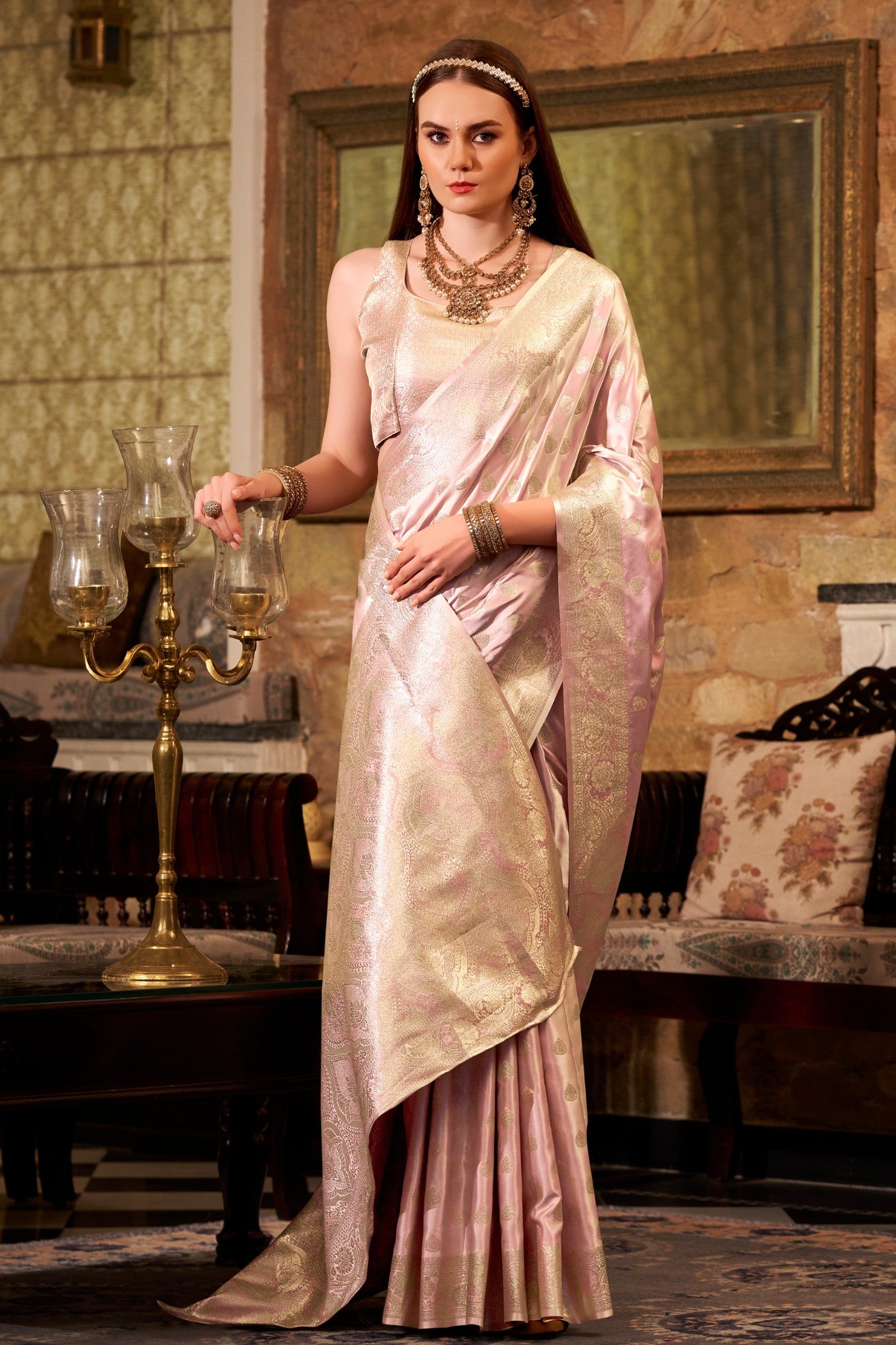 Buy MySilkLove Miller Pink Woven Banarasi Satin Soft Silk Saree Online