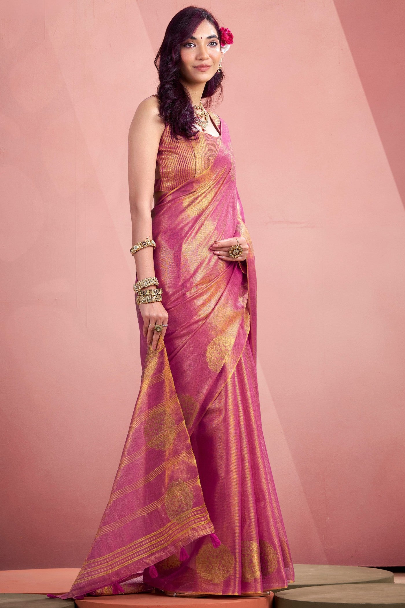 Buy MySilkLove Bubble Pink Zari Woven Tissue Saree Online