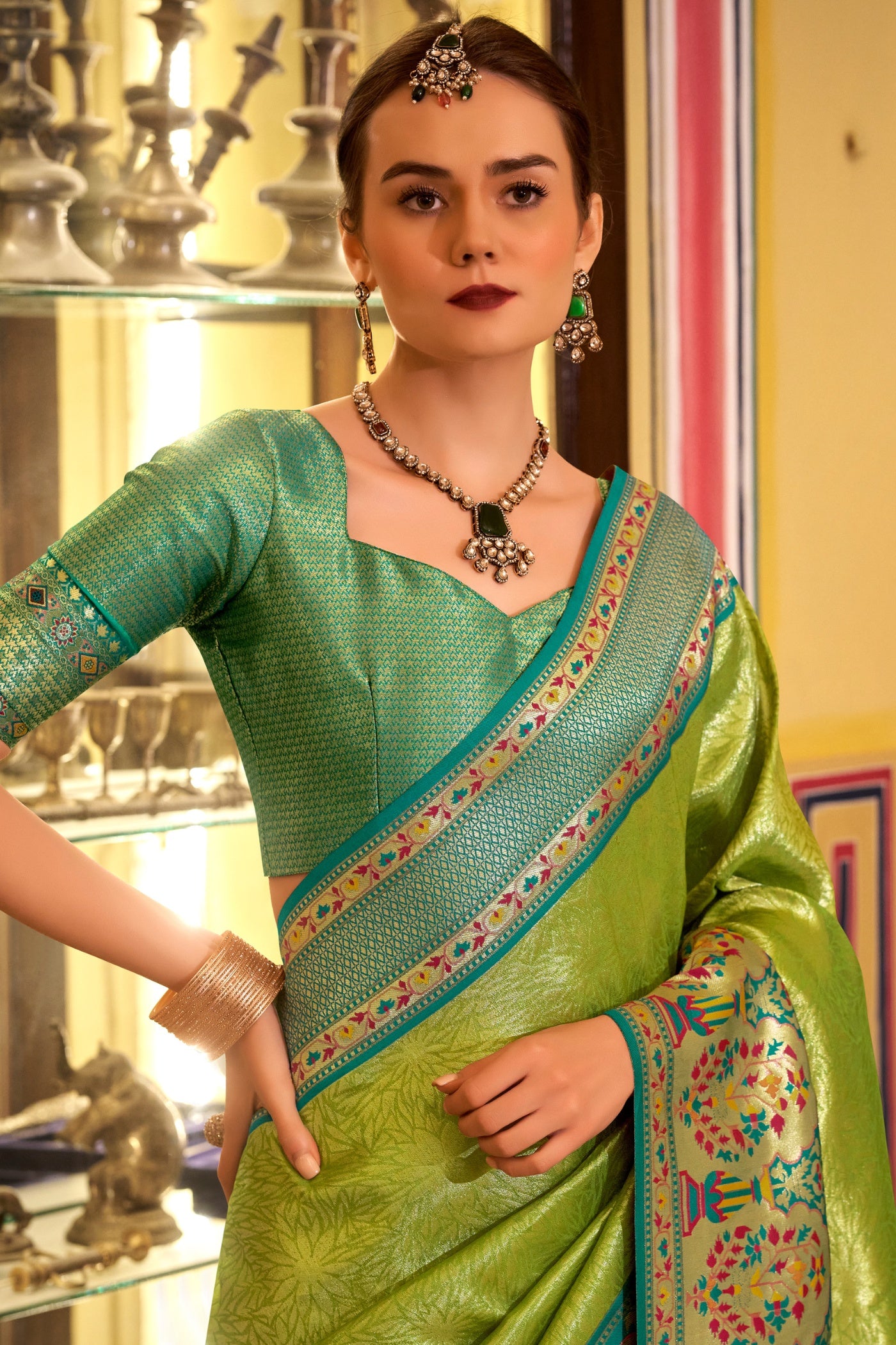 Buy MySilkLove Fern Green Woven Tissue Silk Saree Online