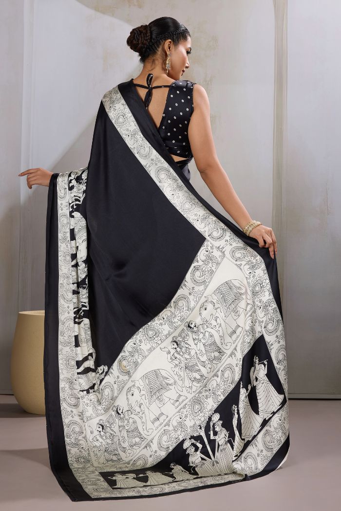 Buy MySilkLove Raven Black Modal Ajrakh Printed Satin Silk Saree Online