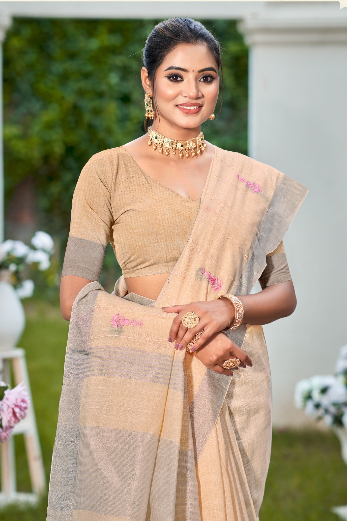 MySilkLove Rosy Peach Woven Cotton Linen Saree