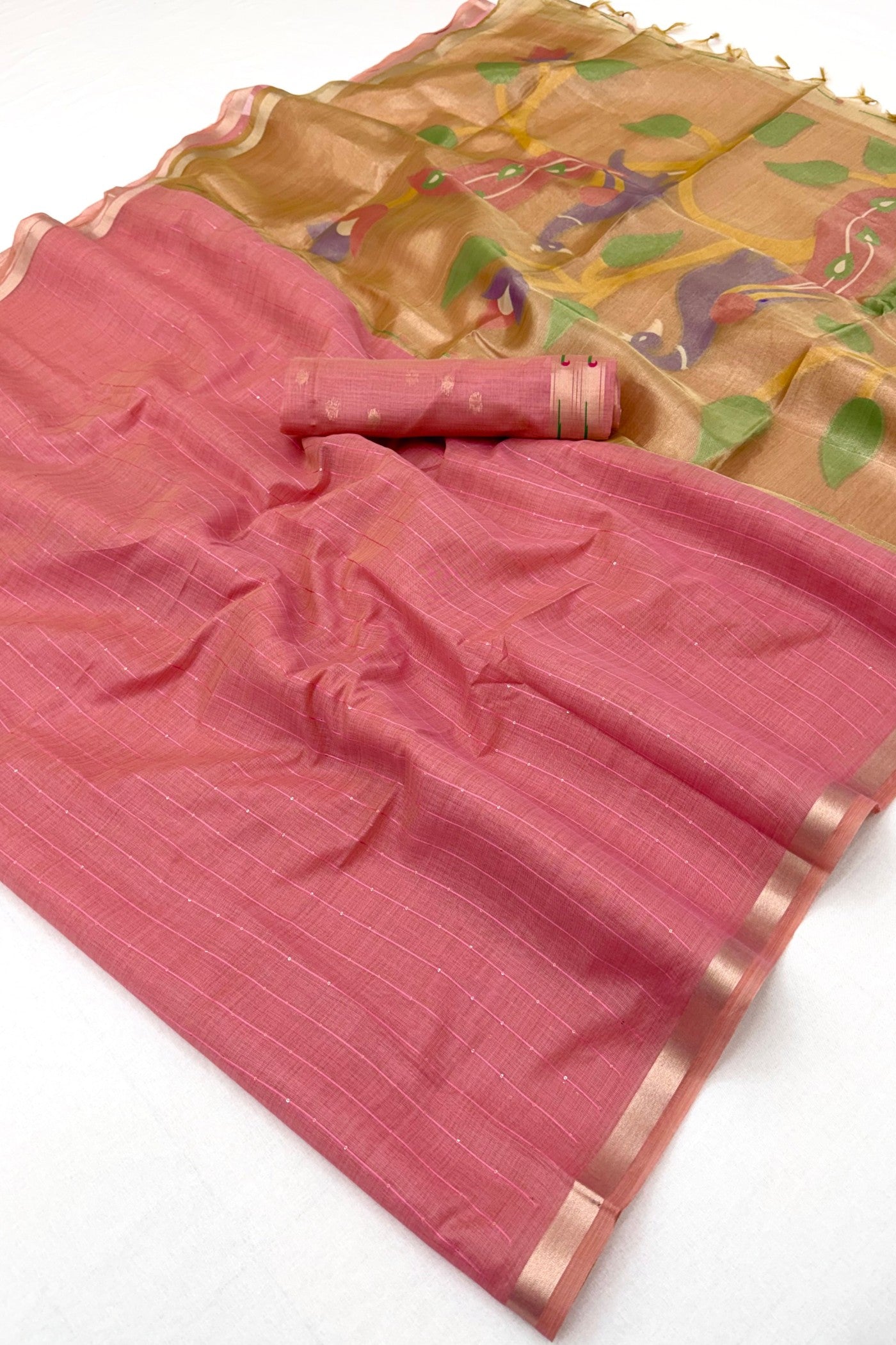 Buy MySilkLove Froly Pink Jamdani Cotton Tissue Paithani Saree Online