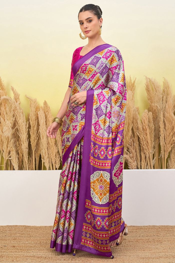 Buy MySilkLove Periwinkle Purple Patola Printed Satin Crepe Silk Saree Online