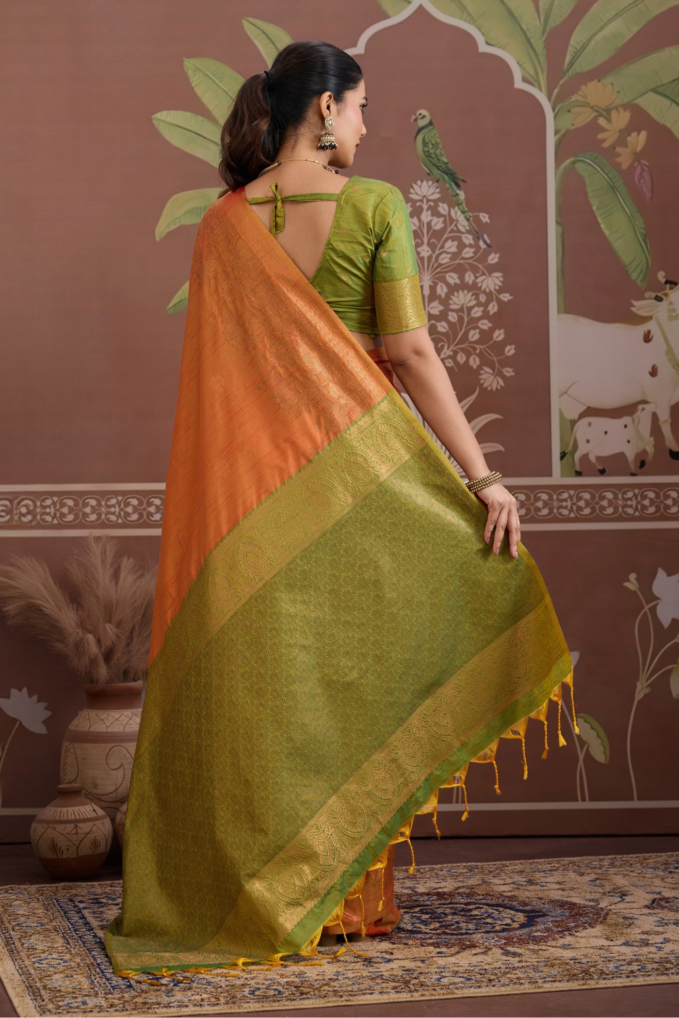 Buy MySilkLove Metallic Orange Banarasi Handloom Tussar Saree Online