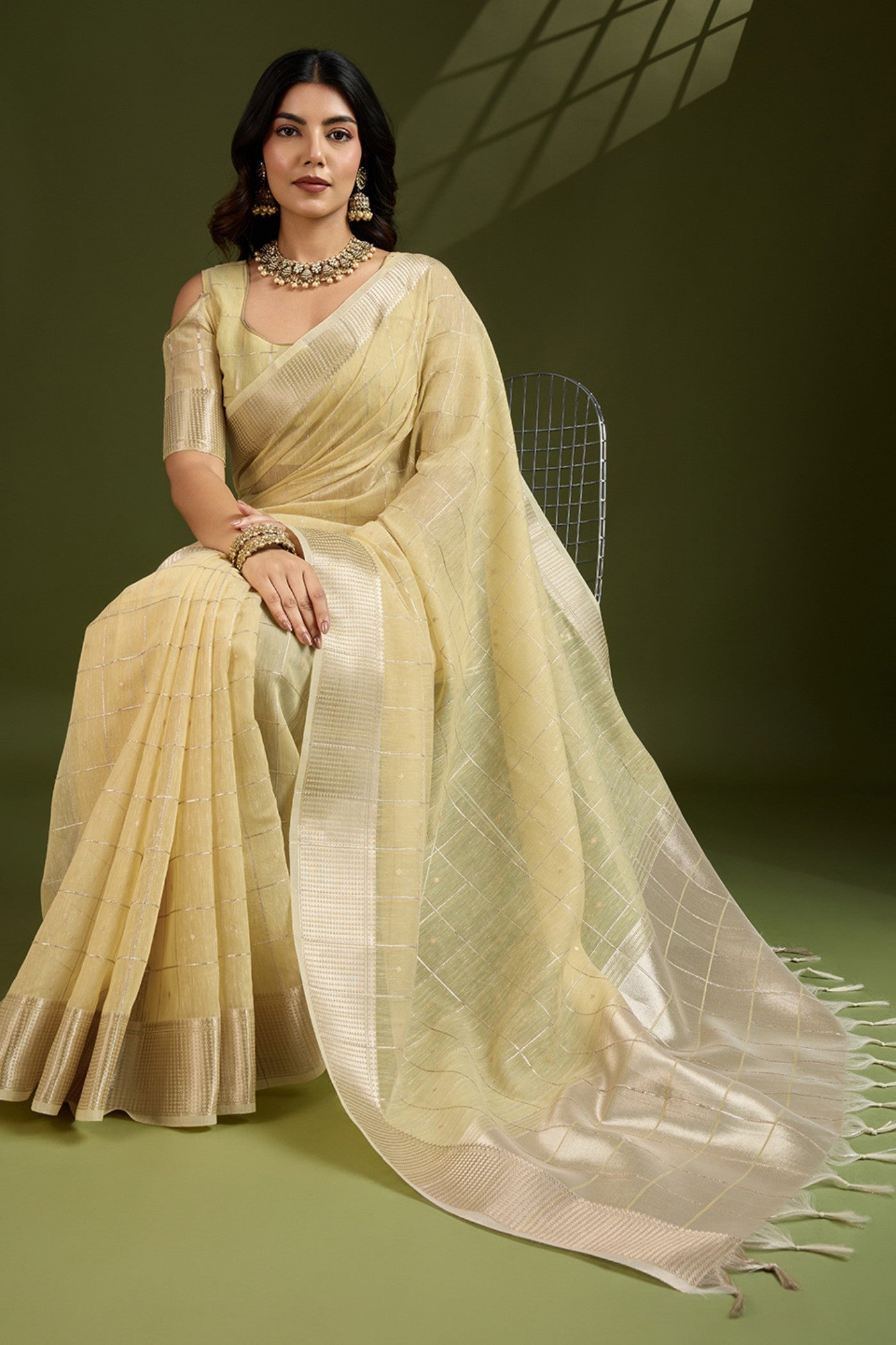 Buy MySilkLove Jonquil Yellow Woven Tissue Linen Saree Online