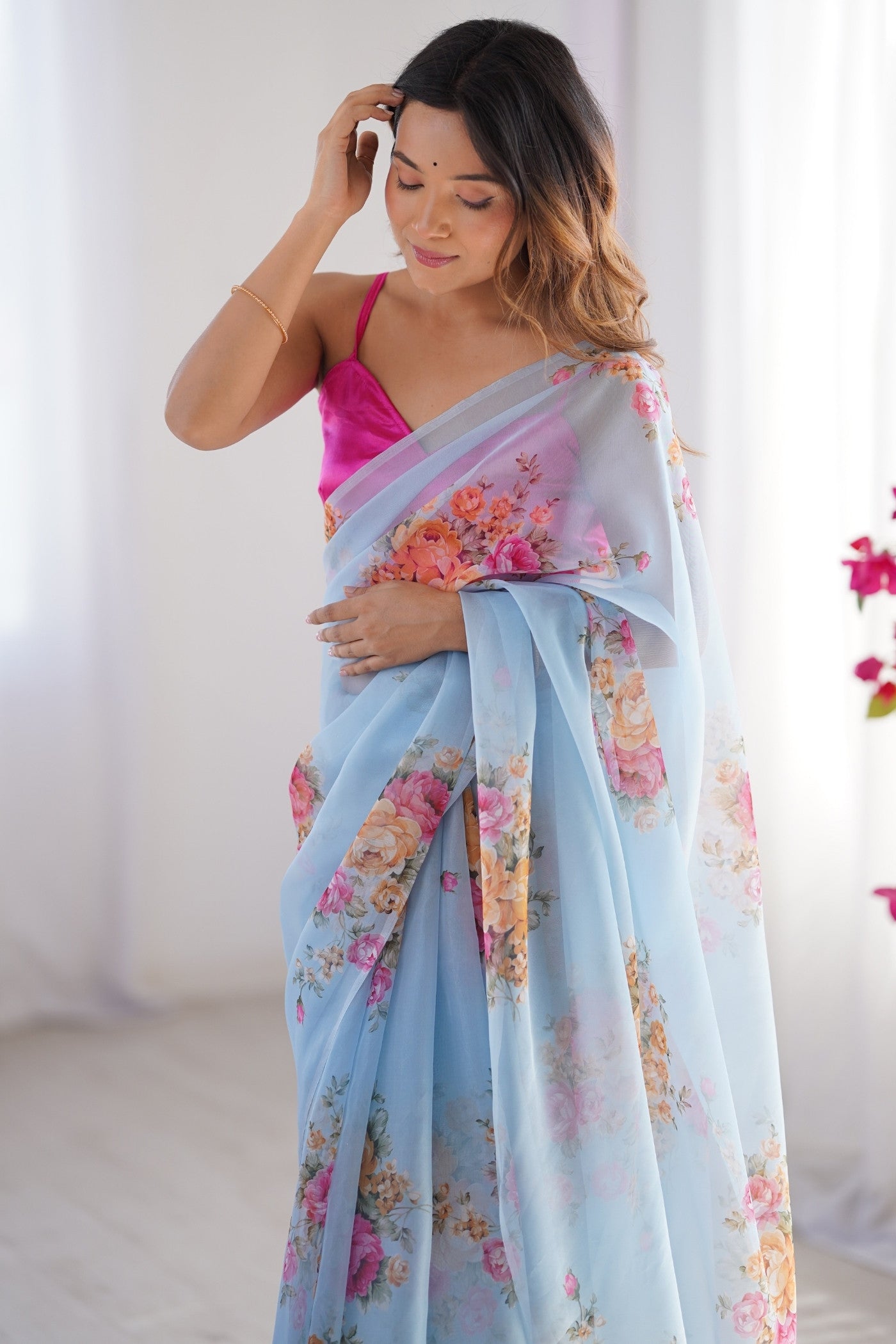 Buy MySilkLove Water Blue Organza Printed Saree Online