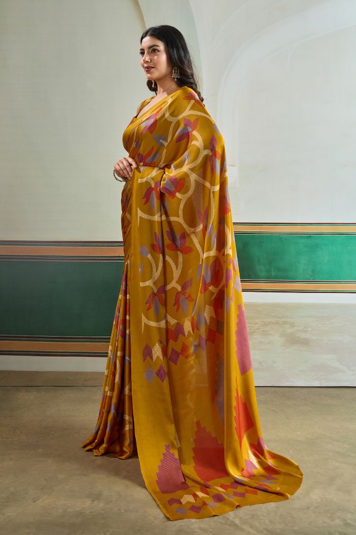 Buy MySilkLove Tulip Yellow Modal Ajrakh Printed Satin Silk Saree Online