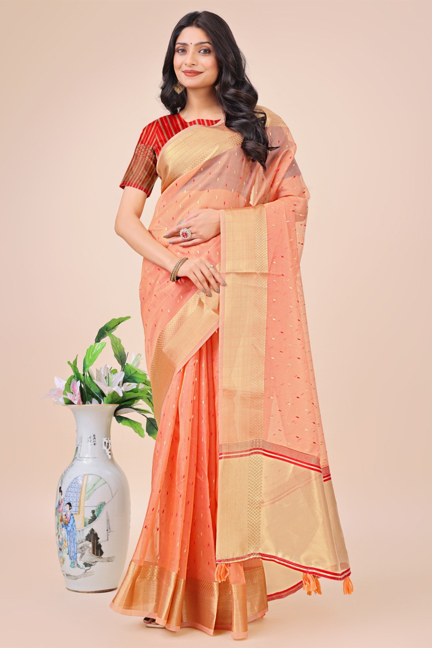 Buy MySilkLove Malibu Peach Woven Organza Saree Online