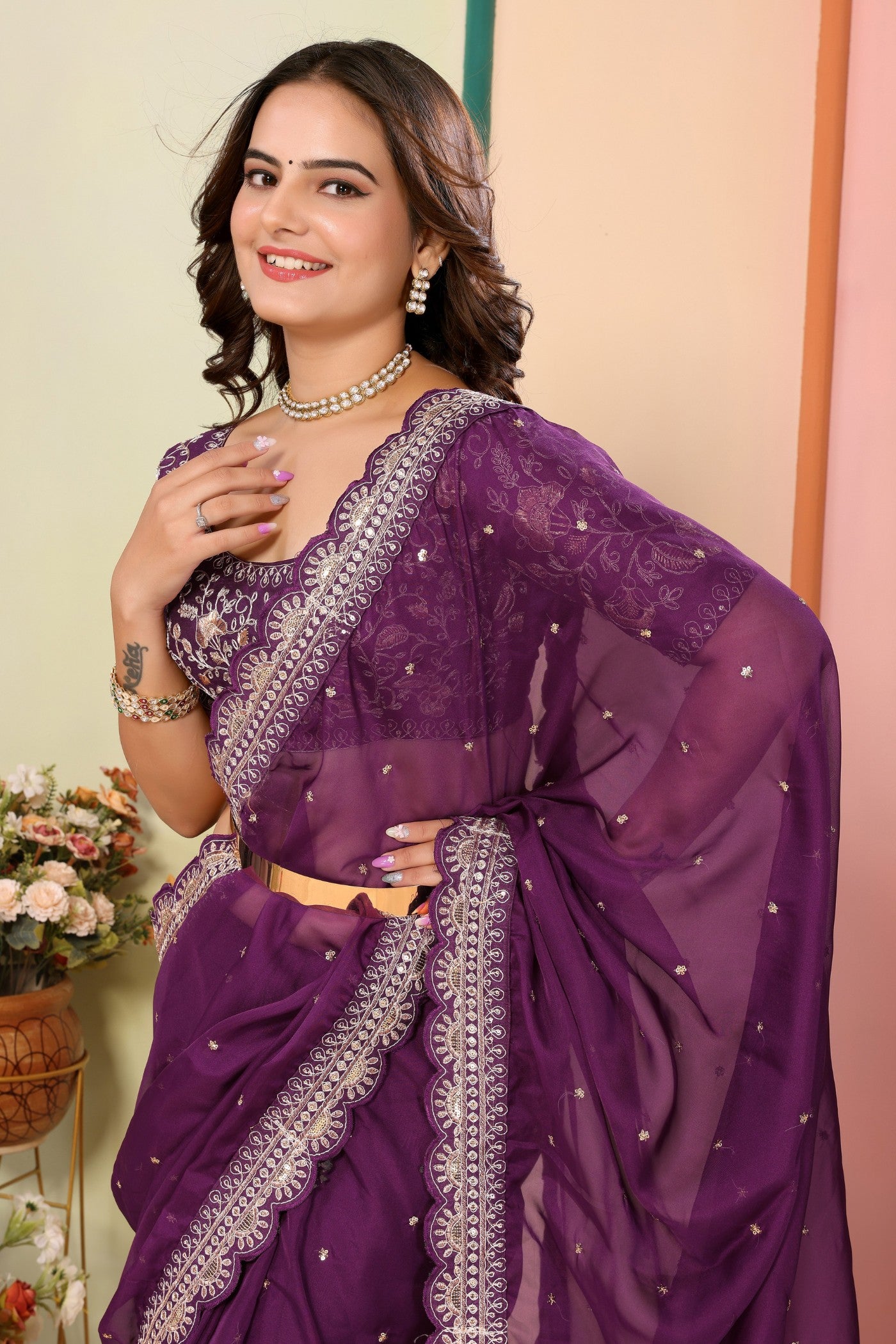 Buy MySilkLove Tyrian Purple Organza Designer Partywear Saree Online