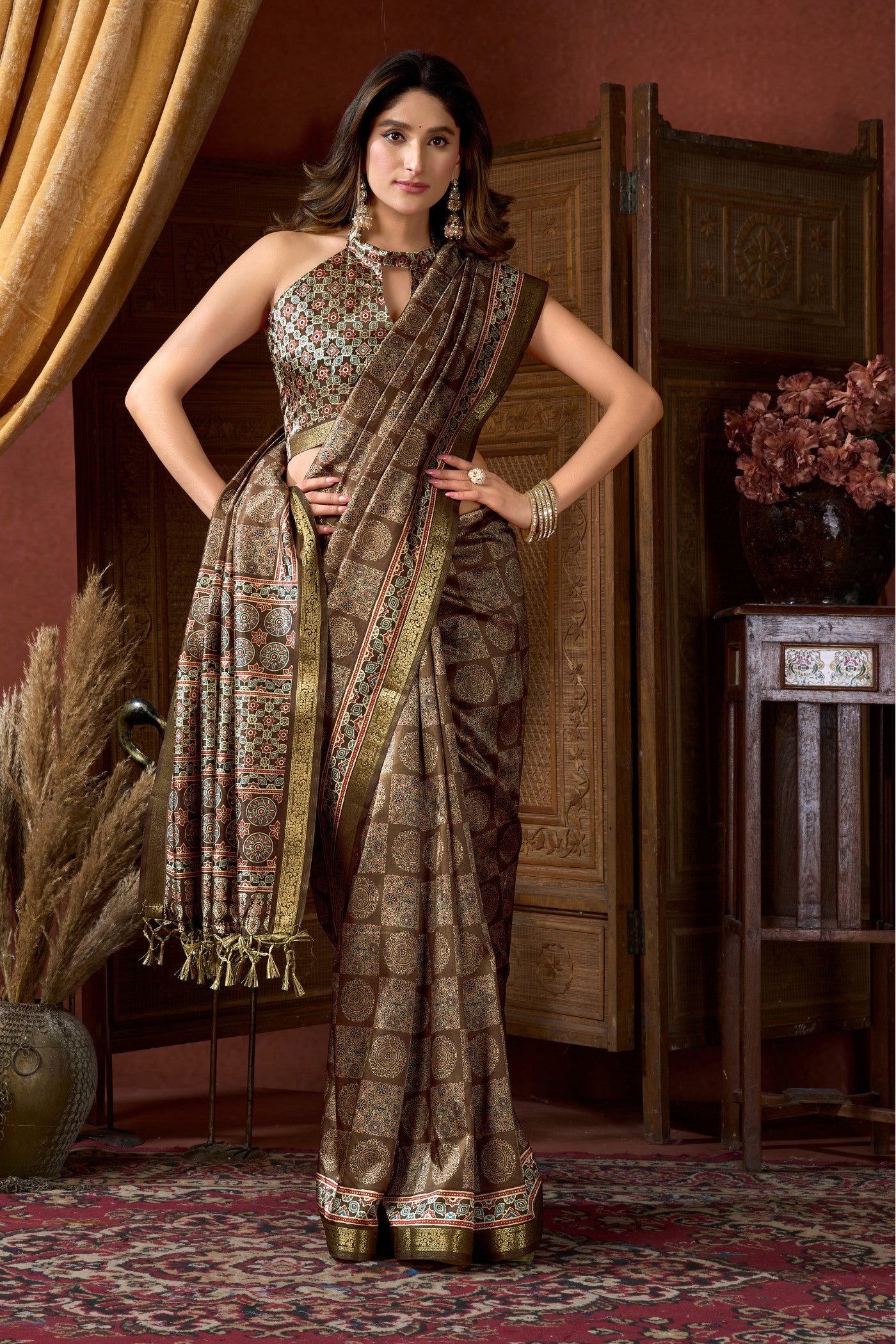 Buy MySilkLove Forest Green Ajrakh Printed Saree Online