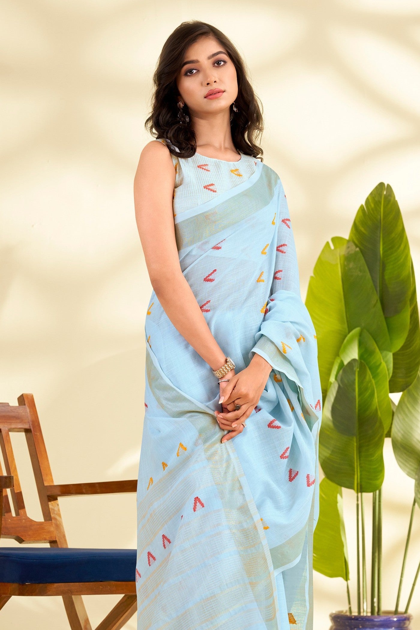 Buy MySilkLove Moroccan Blue Woven Linen Saree Online