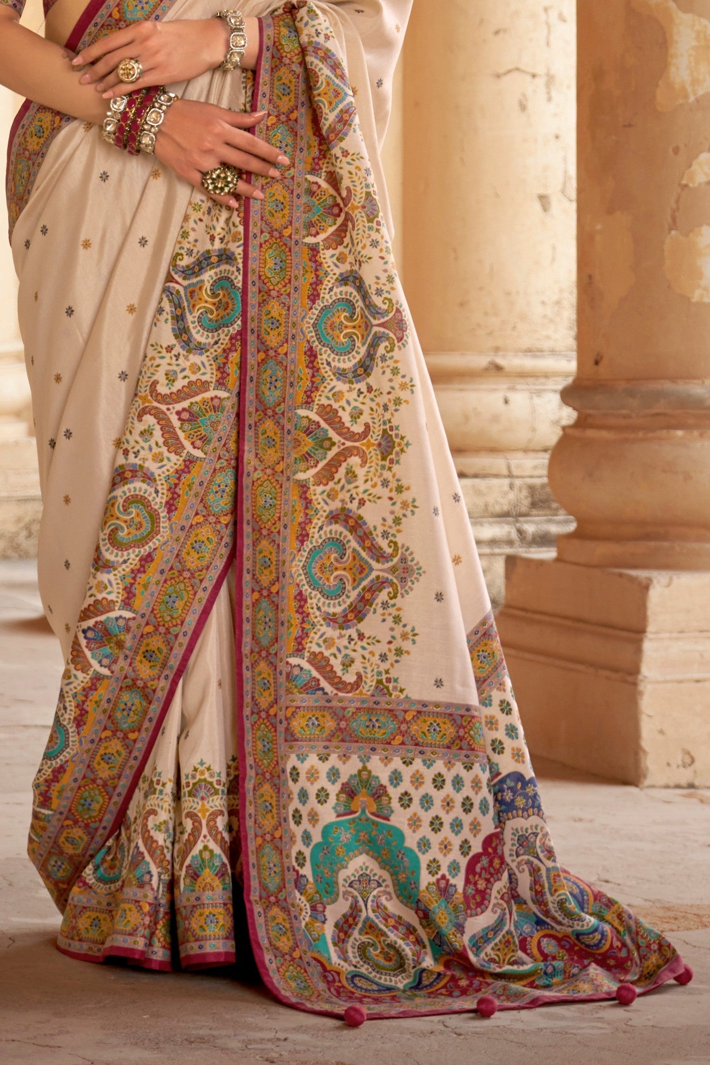 Buy MySilkLove Champagne Cream Printed Banarasi Saree Online