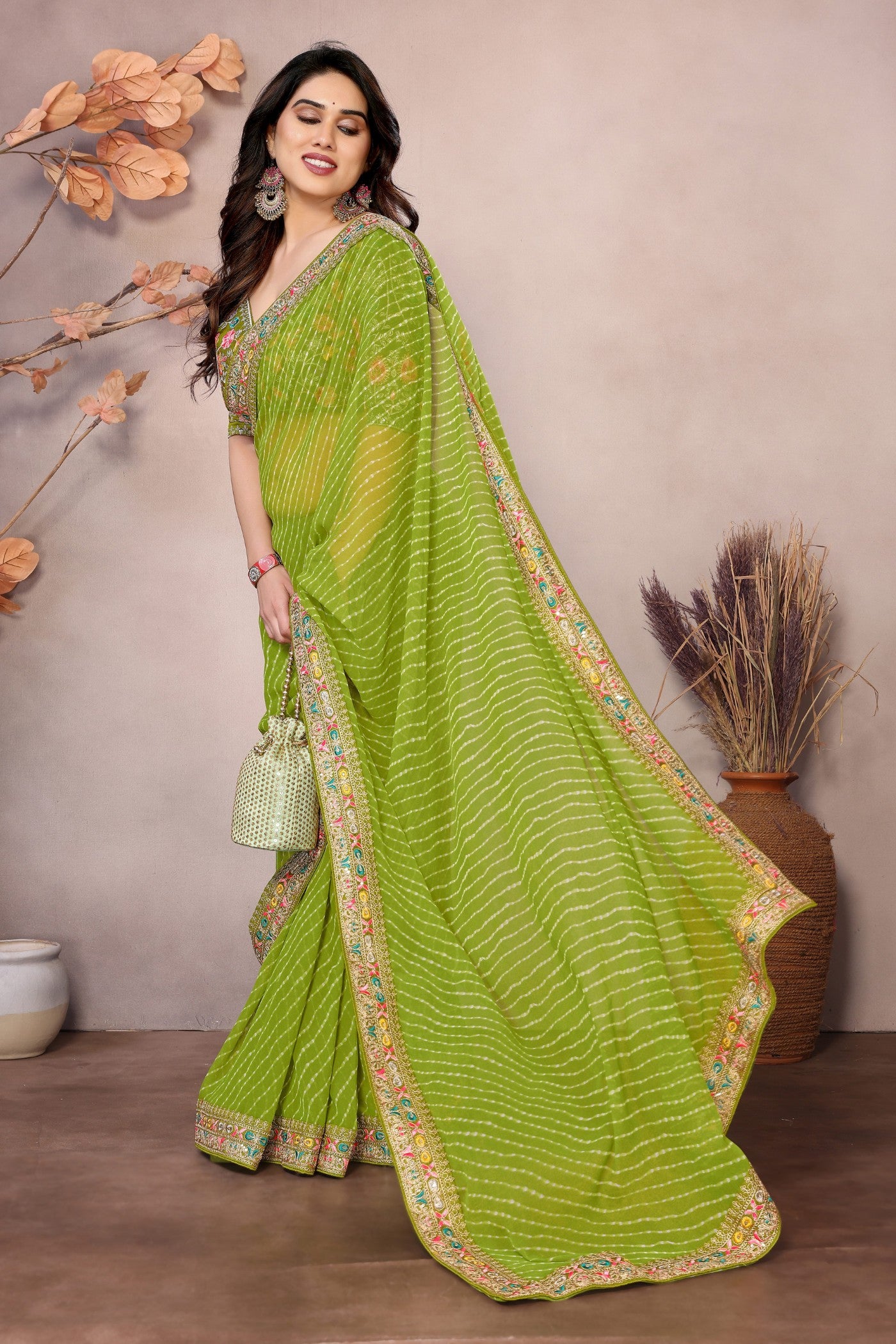 Buy MySilkLove Olive Green Georgette Designer Partywear Saree Online