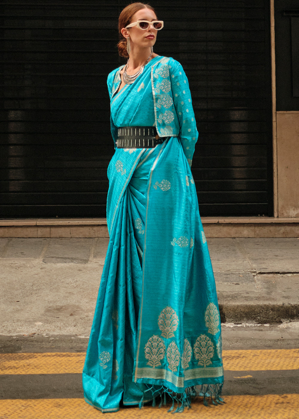 Buy MySilkLove Pacific Blue Woven Banarasi Satin Silk Saree Online