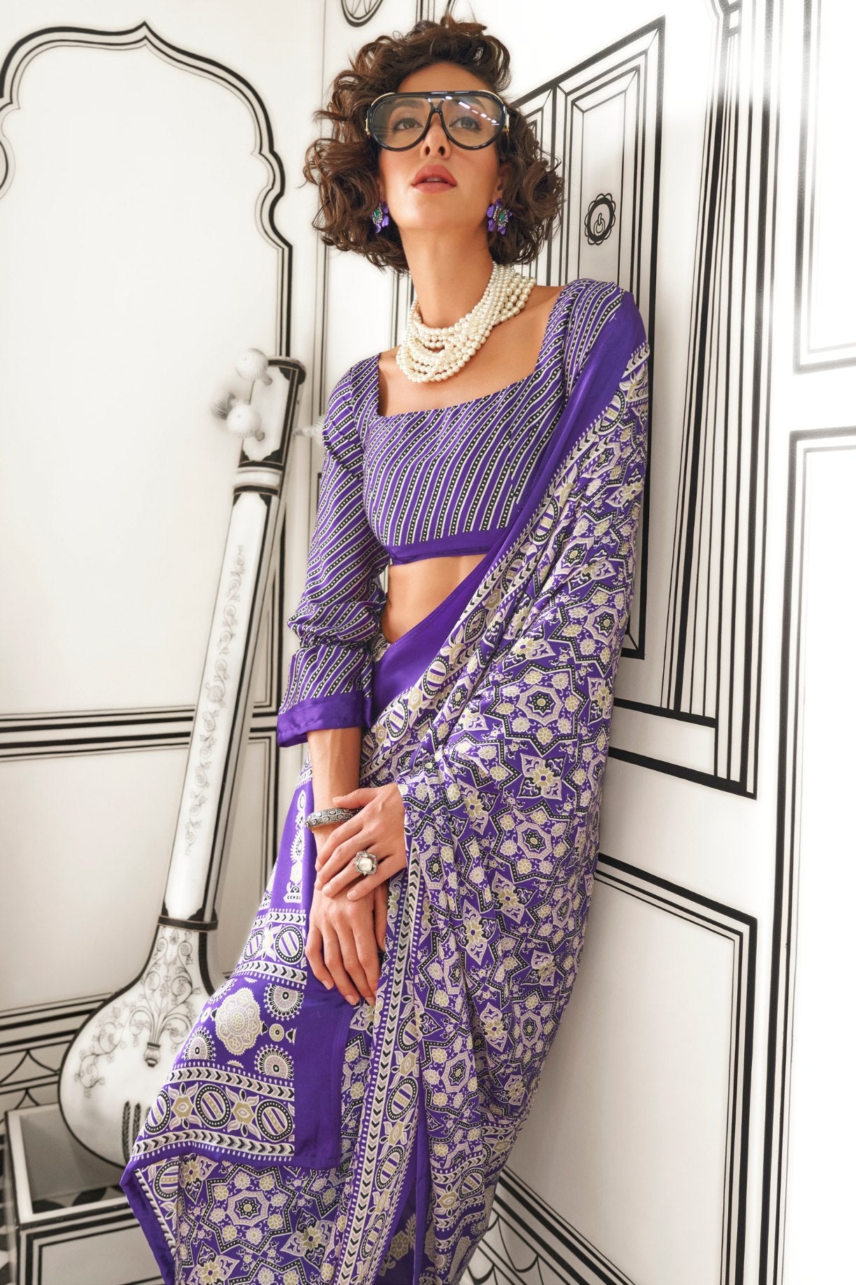 Buy MySilkLove Cyber Grape Purple Printed Ajrakh Satin Crepe Saree Online