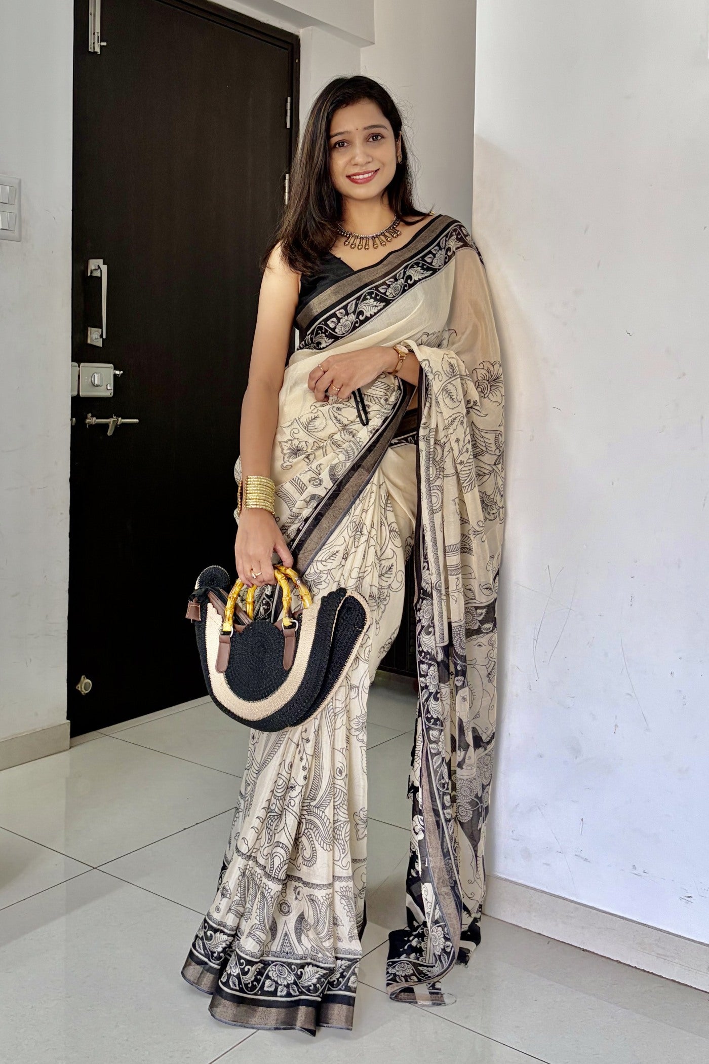 Buy MySilkLove Onyx Black and Cream Mul Cotton Kalamkari Saree Online