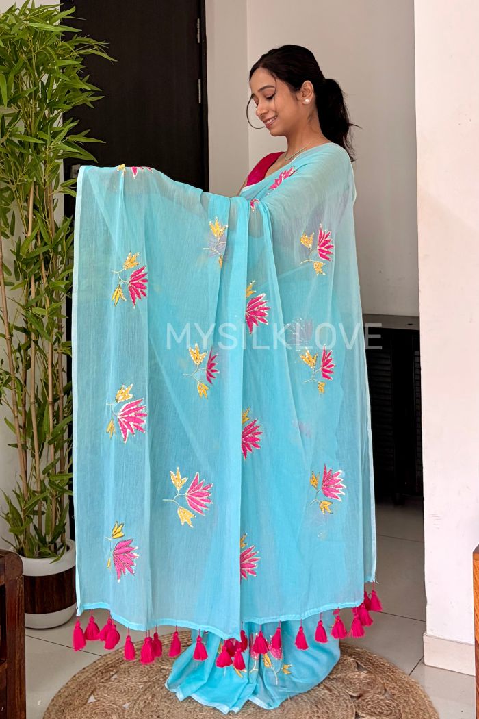 Buy MySilkLove Ocean Blue Pure Mul Mul Cotton Lotus Sequin Work Saree Online