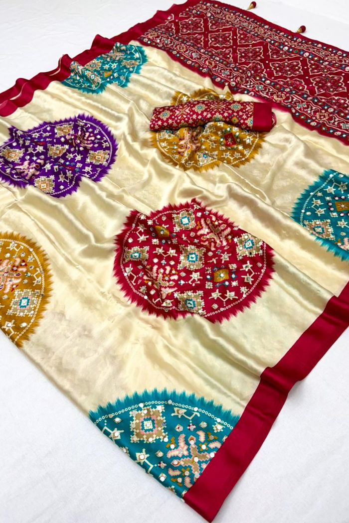 Buy MySilkLove Biscuit Cream and Red Modal Ajrakh Satin Printed Mirror Work Saree Online