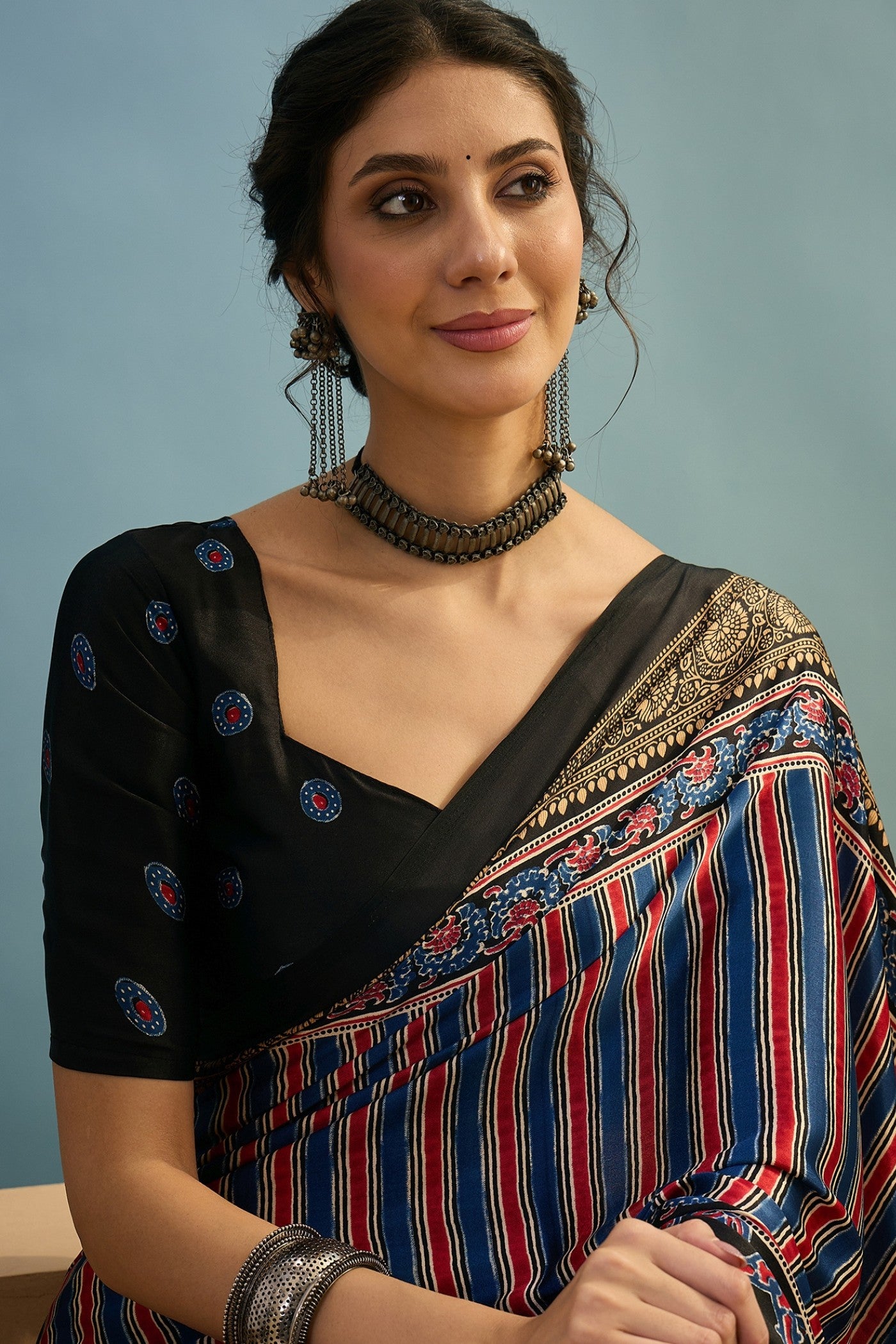 Buy MySilkLove Holo Blue Ajrakh Printed Satin Crepe Silk Saree Online