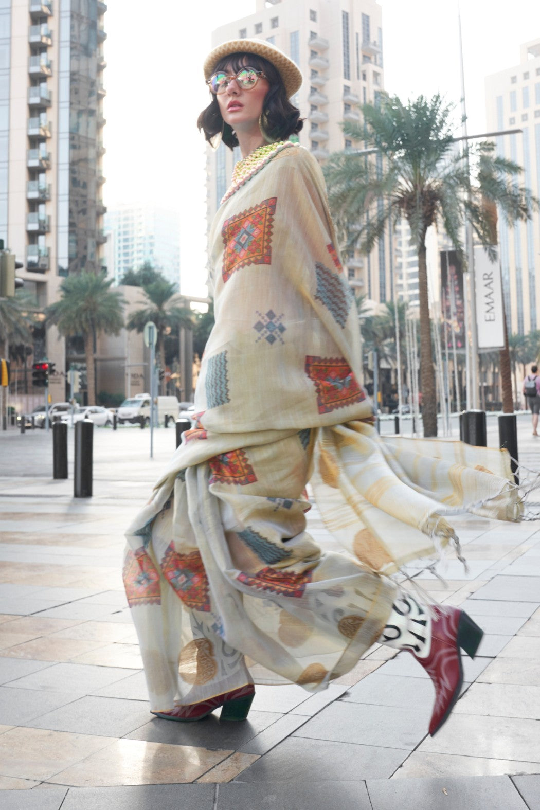 Buy MySilkLove Almond Cream Printed Handloom Zari Tissue Saree Online