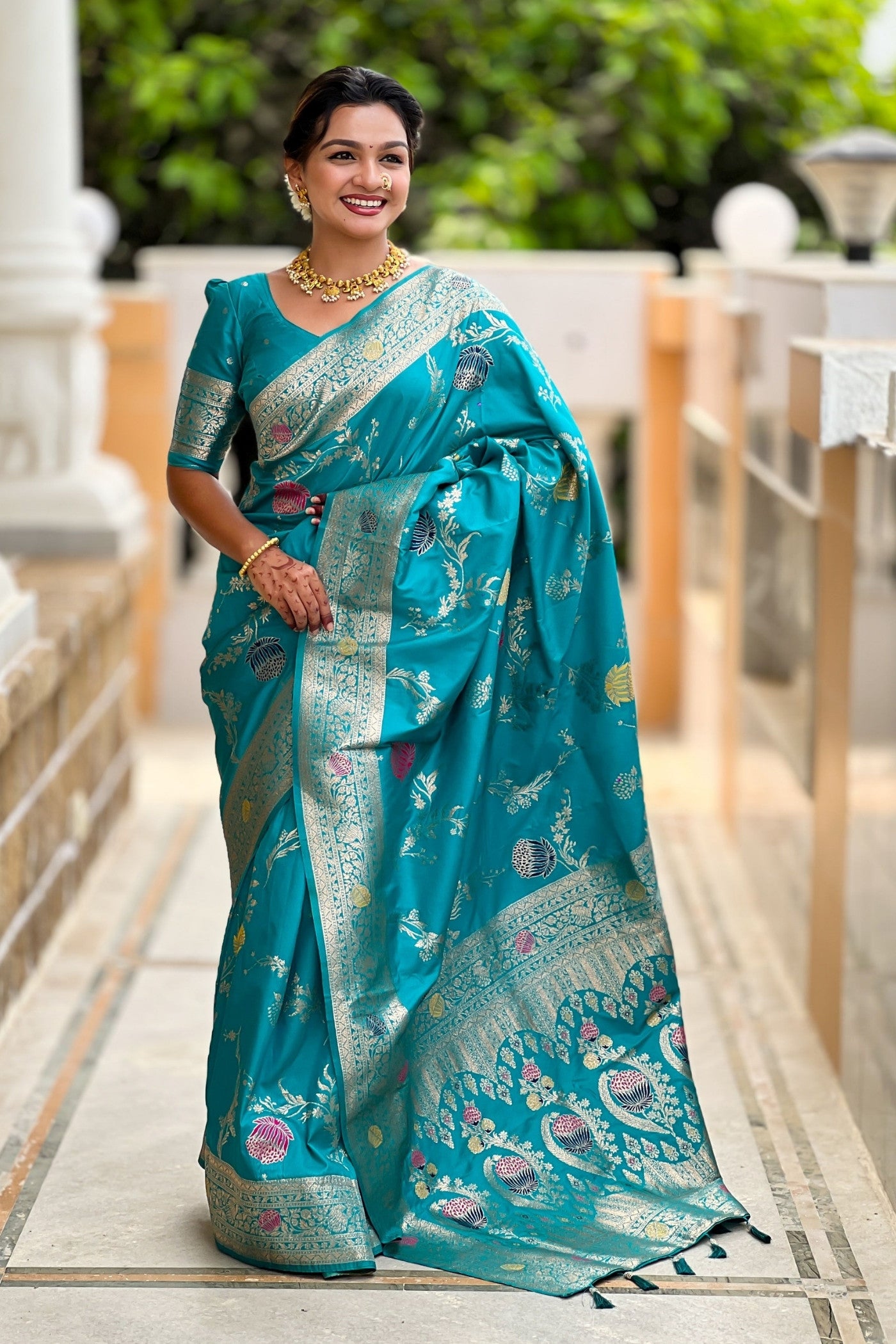 Buy MySilkLove Cerulean Blue Woven Banarasi Saree Online
