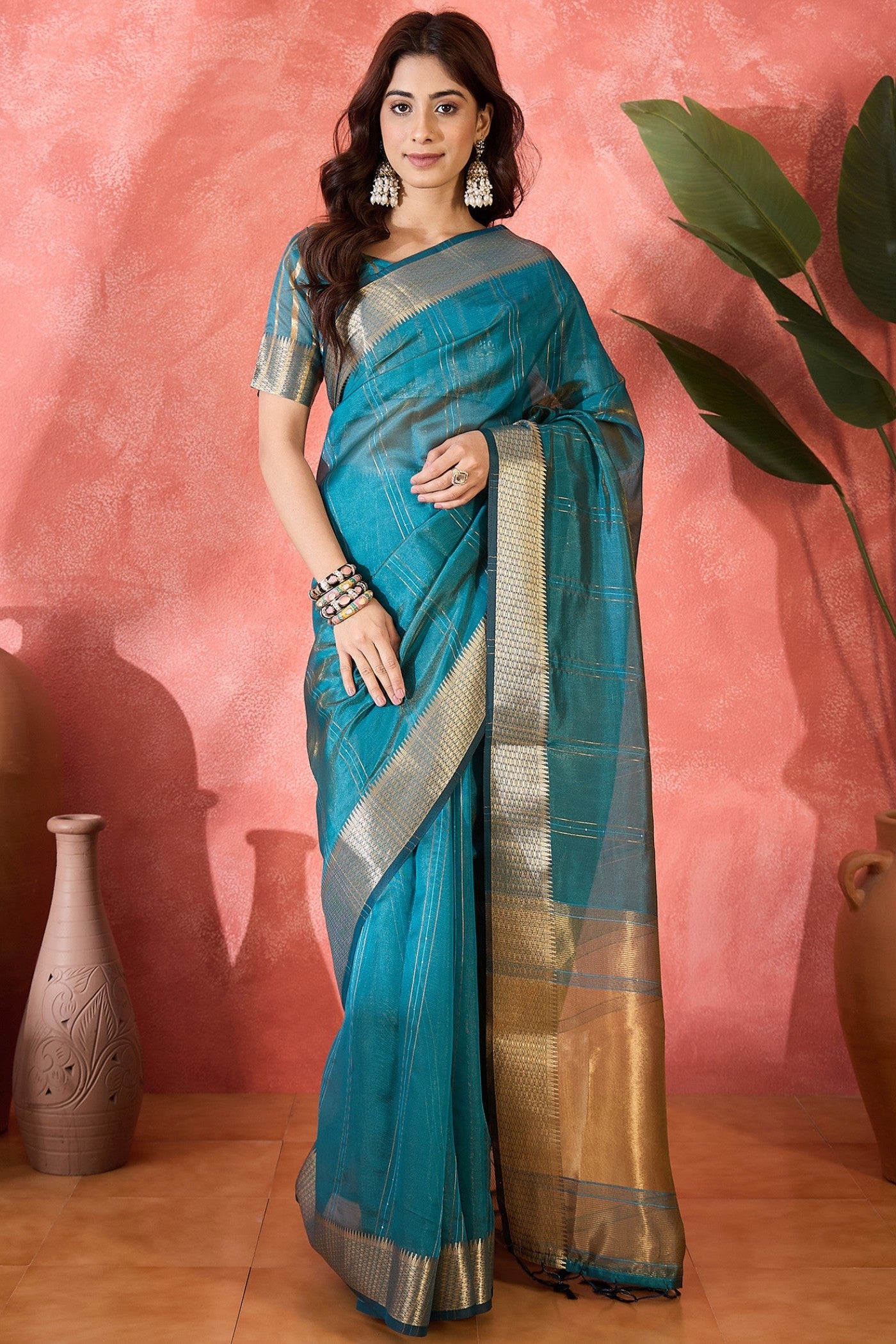 Buy MySilkLove Cyan Blue Woven Organza Saree Online