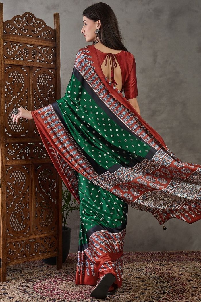 Buy MySilkLove Bottle Green Ajrakh Printed Satin Gaji Silk Saree Online