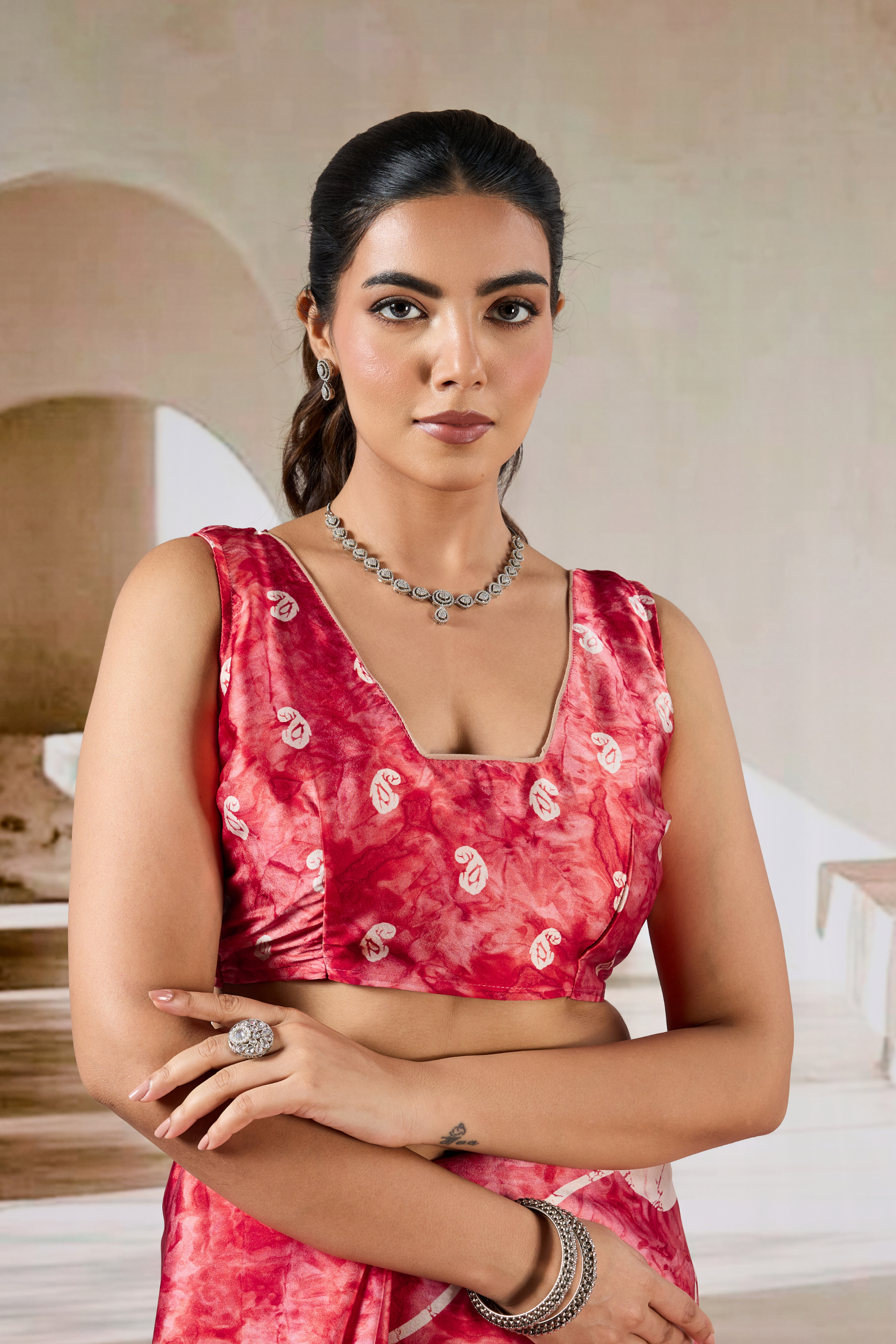 Buy MySilkLove Well Red Modal Satin Hand Prism Print Saree Online