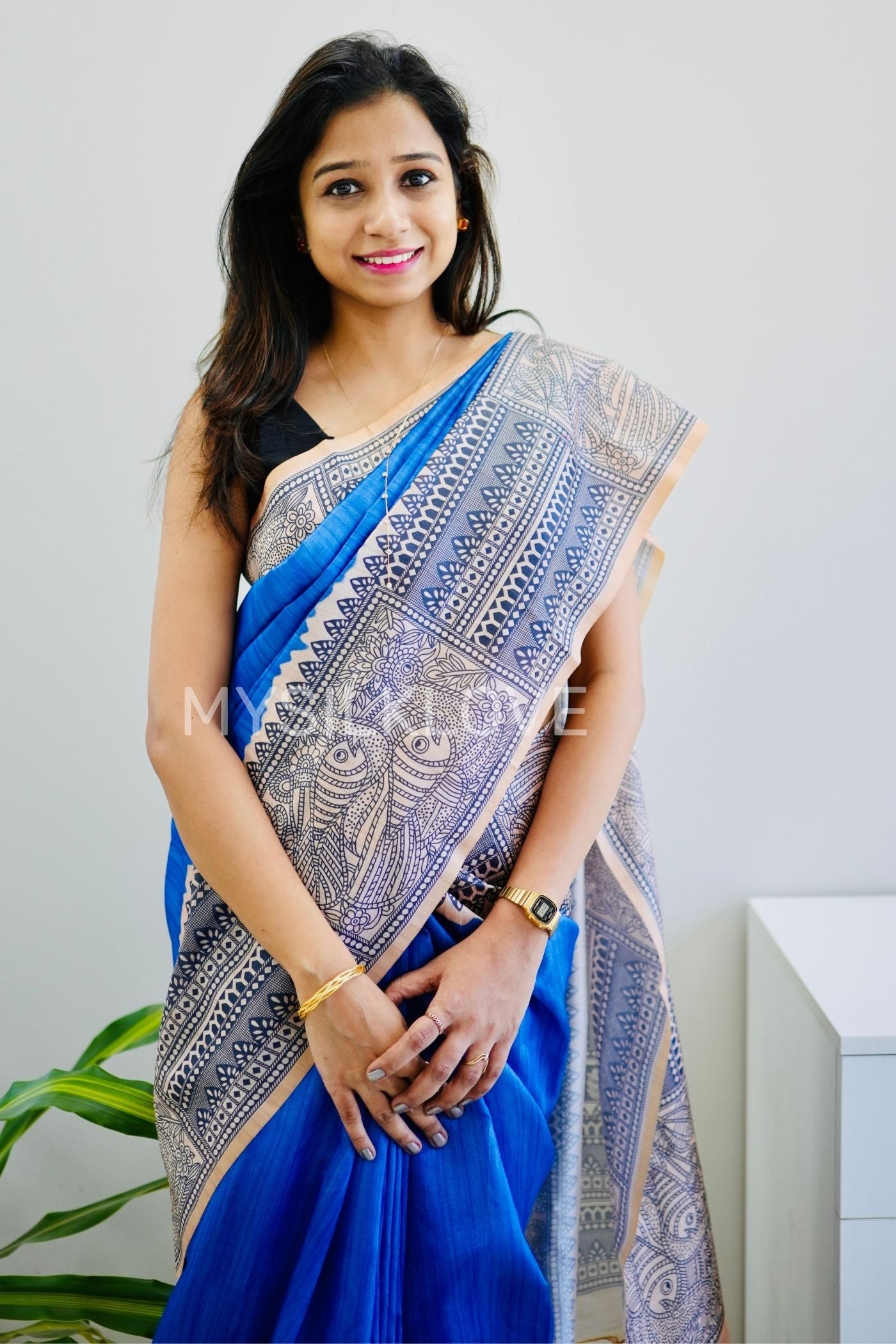 Buy MySilkLove Cobalt Blue Madhubani Printed Silk Saree Online