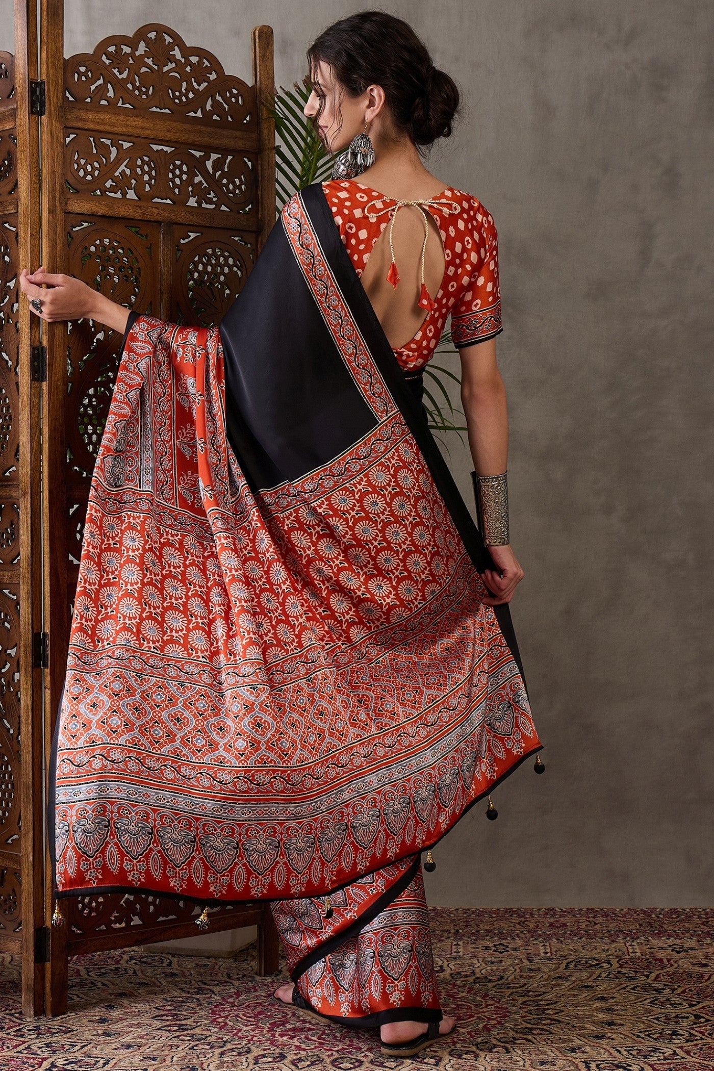 Buy MySilkLove Licorice Black Printed Satin Gaji Silk Saree Online