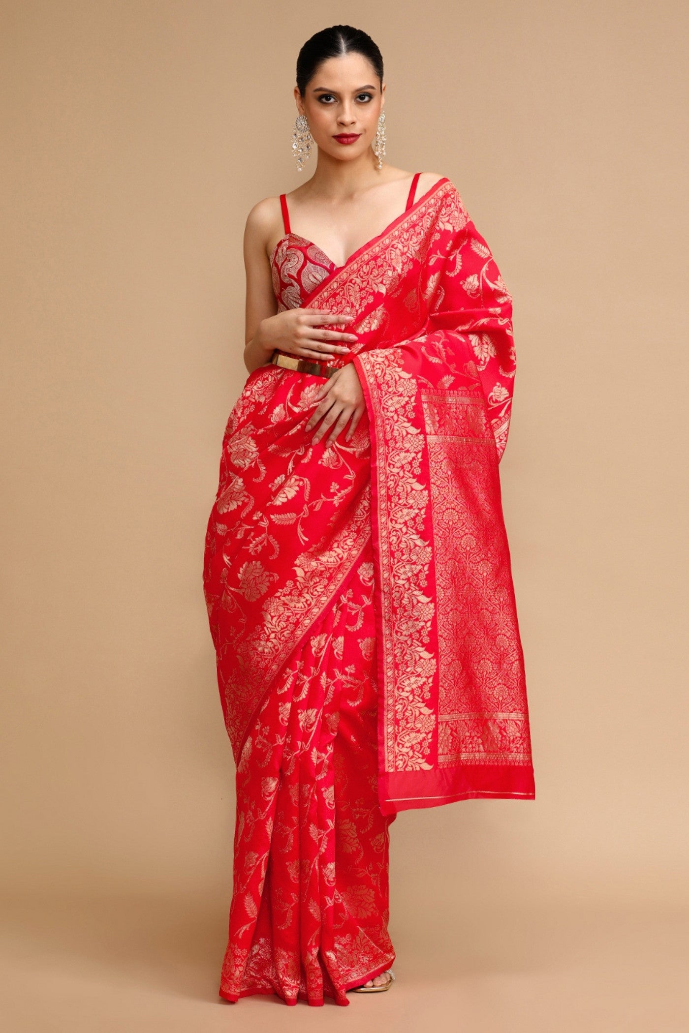 Buy MySilkLove Ruby Red Woven Jacquard Lichi Silk Saree Online